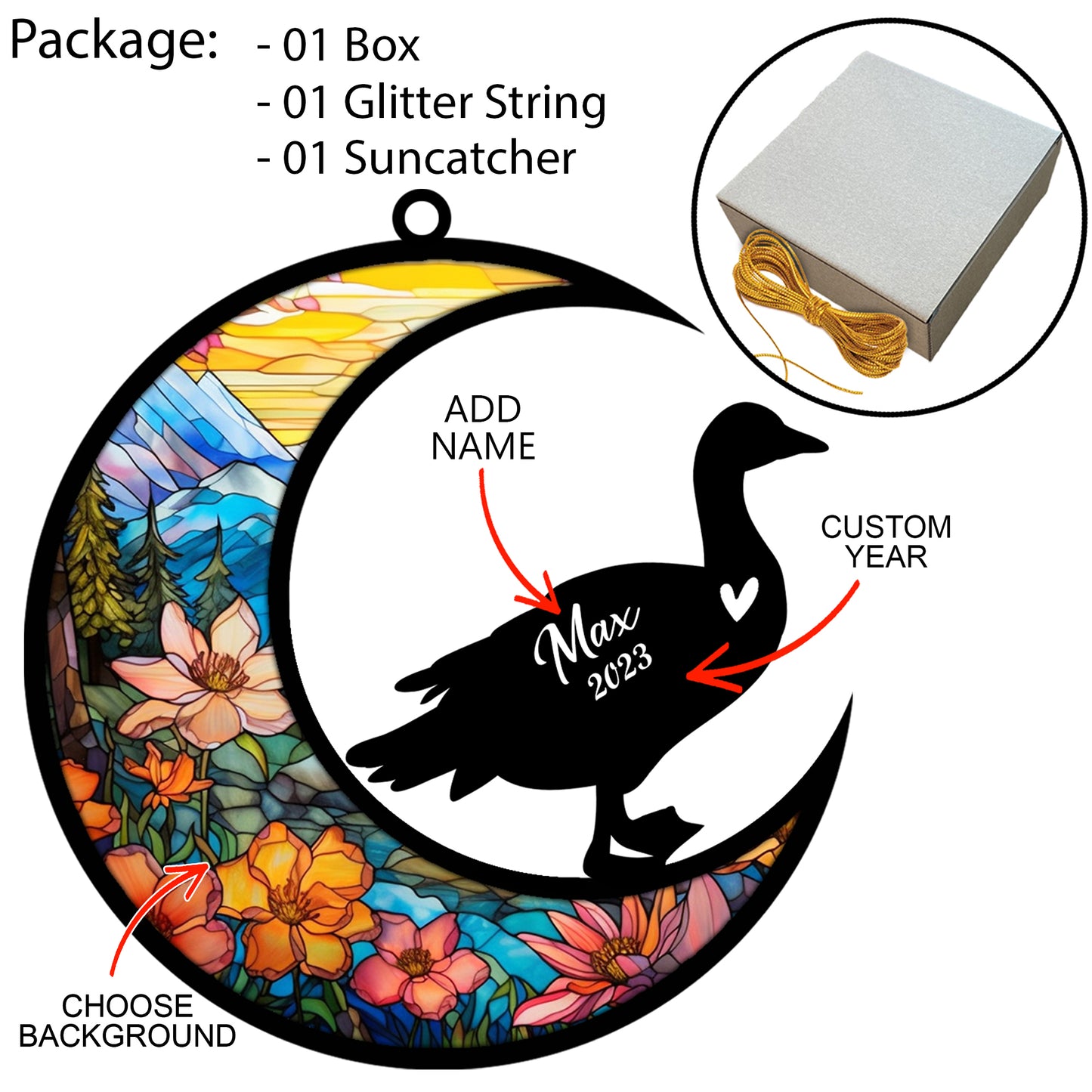 Netecom Personalized Duck Memorial Suncatcher, Pet Loss Suncatcher, Bereavement Duck Loss Gift, Custom Suncatcher with Name Date, Gifts for Duck Lovers Hanging Ornaments for Xmas, Car, Window Decoration