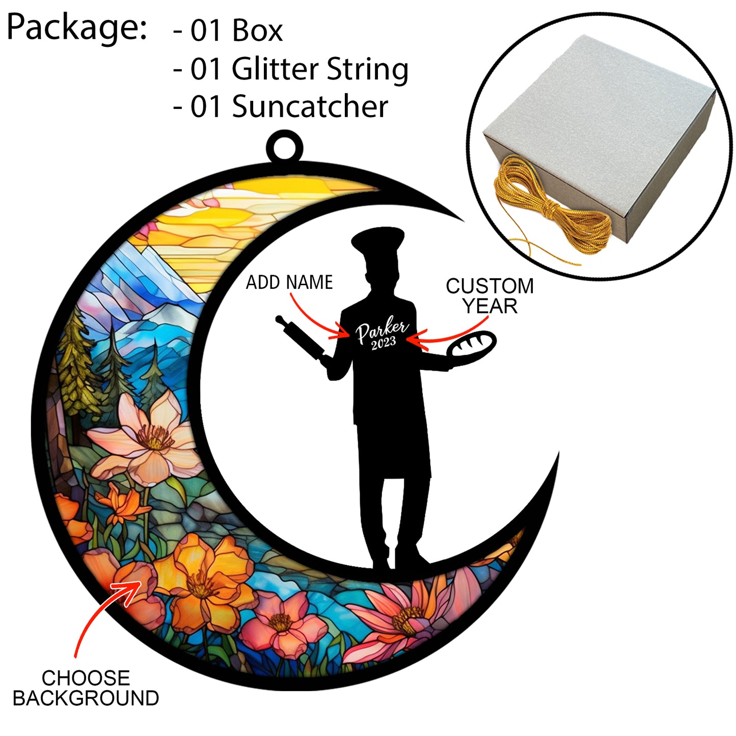 Netecom Personalized Chef Suncatcher - Custom Baking Sun Catcher for Window & Car Hanging Decoration - Gift for Cooking Lovers - Chef Christmas Pendant