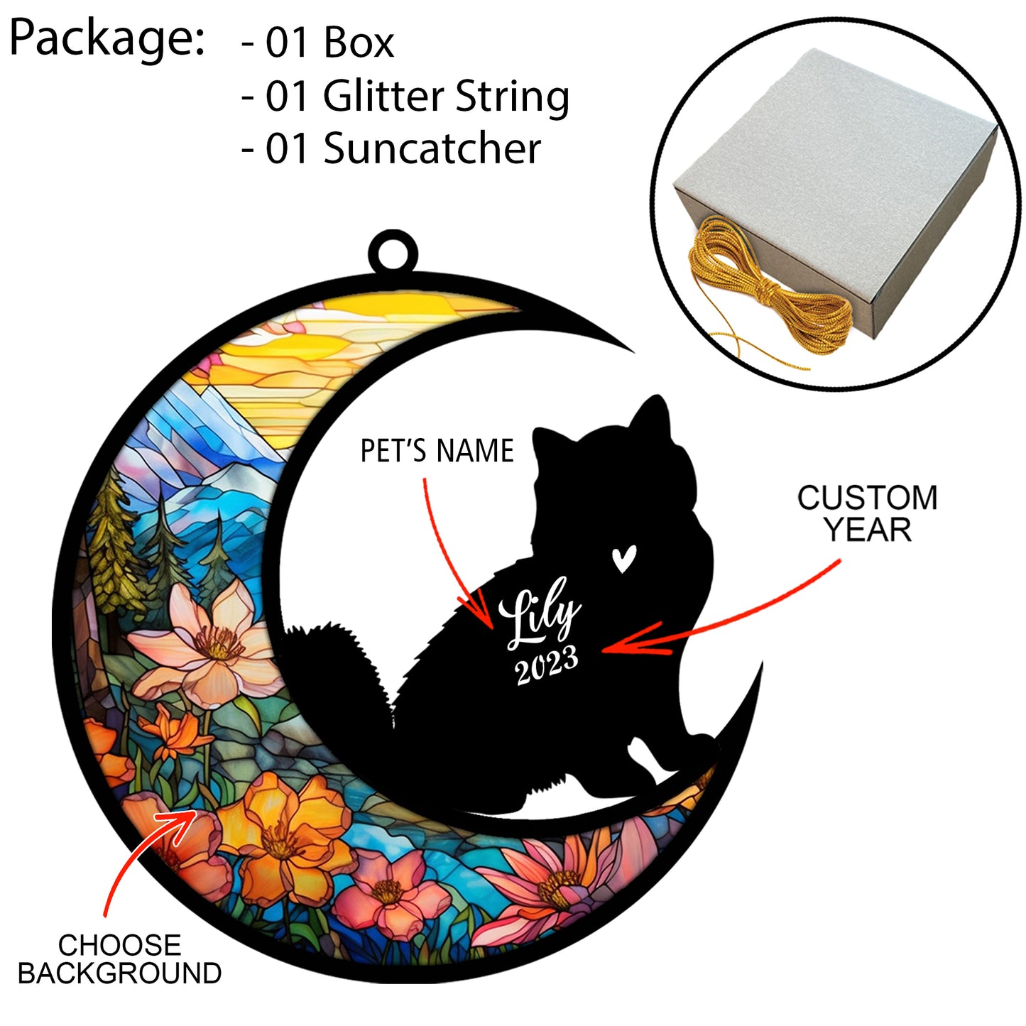Netecom Personalized Siberian Cat On Moon Suncatcher - Custom with Name & Date - Pet Loss Light Catcher - Gifts for Cat Lovers - Christmas Cat Ornament for Window Hangings