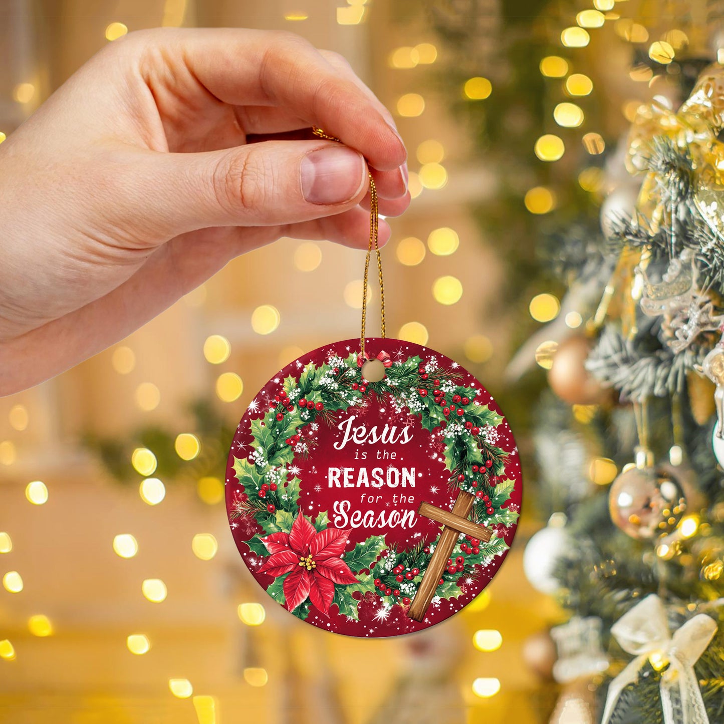 Netecom Religious Christmas Ornament, Jesus is the Reason for the Season Ceramic Ornament for Xmas Tree Hanging Decorations Gift, Inspirational Gifts for Christian, Holiday Party Present
