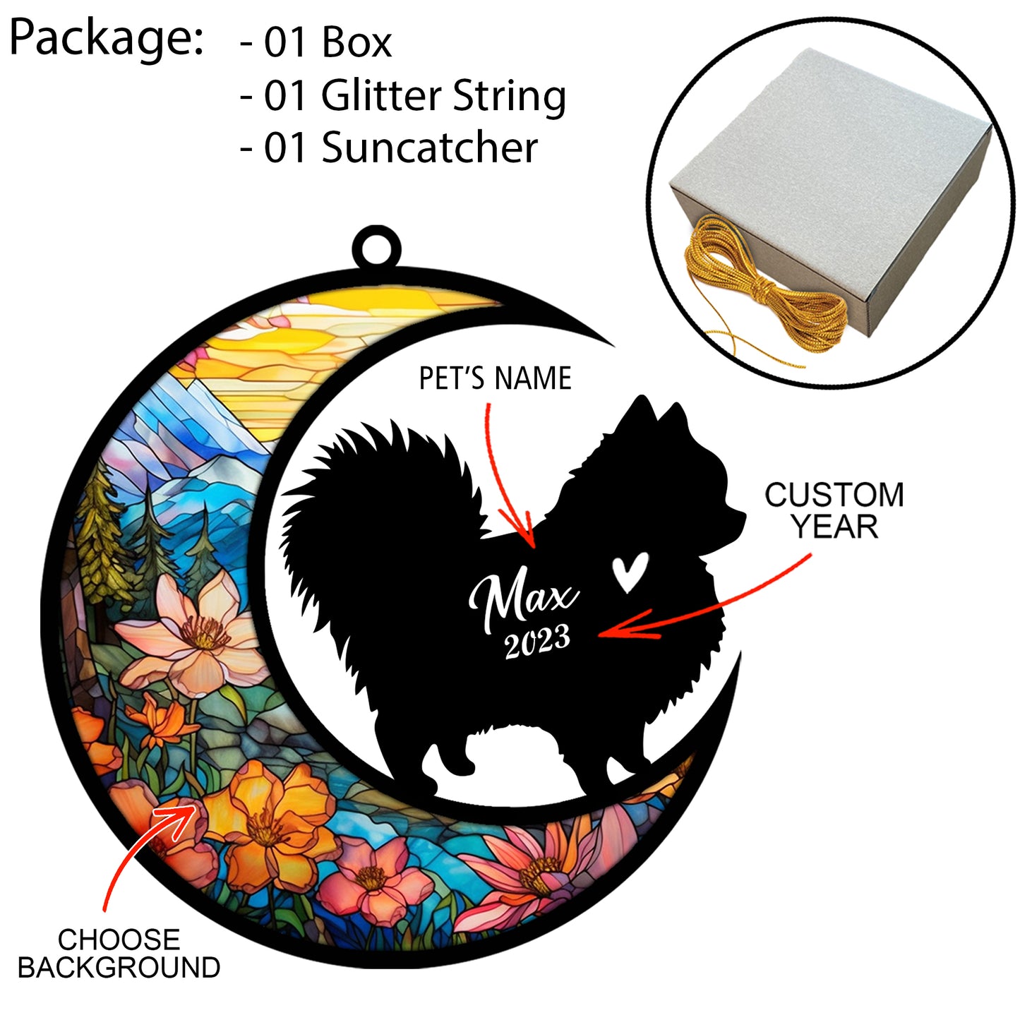 Netecom Personalized Pomeranian Memorial Suncatcher - Beagle Christmas Ornament with Name & Date - Dog Memorial Ornament - Pet Loss Sympathy Gift - Stained Glass Light Catcher
