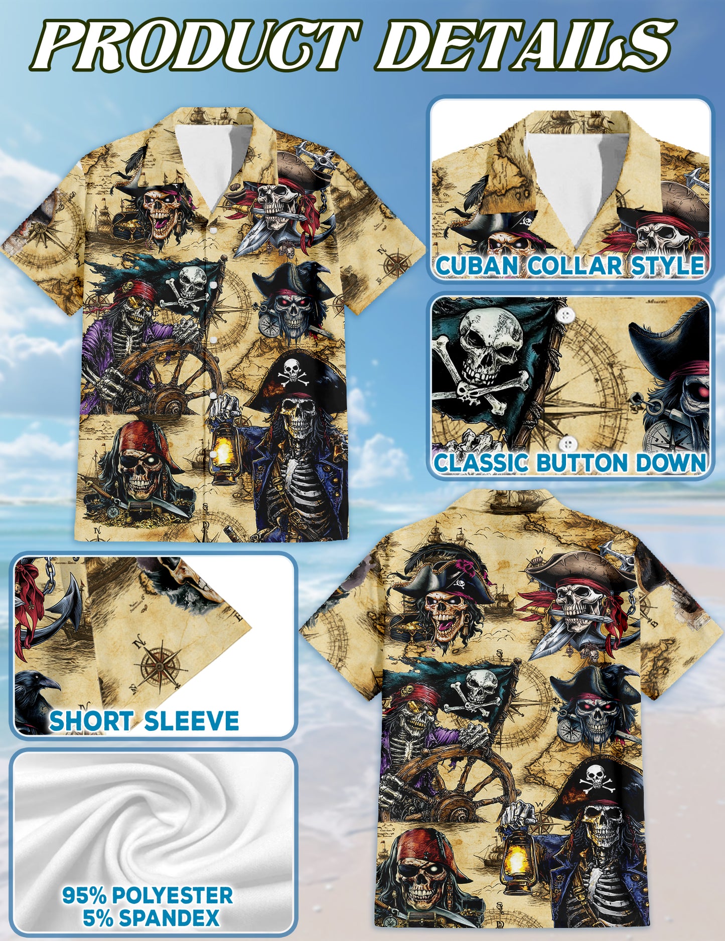 Netecom Pirate Skull Treasure Hawaiian Shirt for Men, Mysterious Pirate Button Down Summer Beach Short Sleeve Shirts