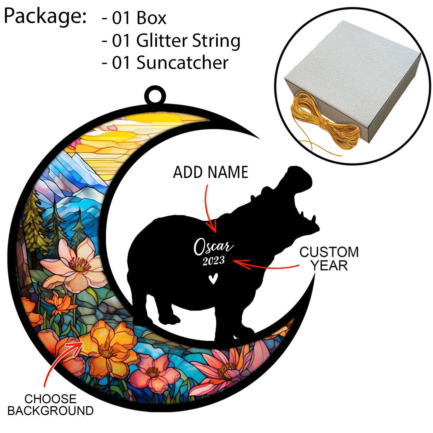 Netecom Personalized Hippo Memorial Suncatcher - Hippo Christmas Ornament with Name & Date - Pet Loss Stained Glass Light Catcher - Bereavement & Sympathy Gift for Loss of Pet