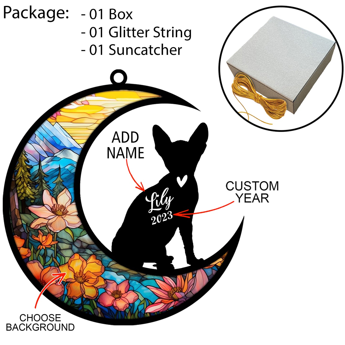 Netecom Personalized Sphynx Cat Memorial Suncatcher - Custom with Name & Date - Pet Loss Light Catcher - Christmas Cat Ornament for Window & Car Decor