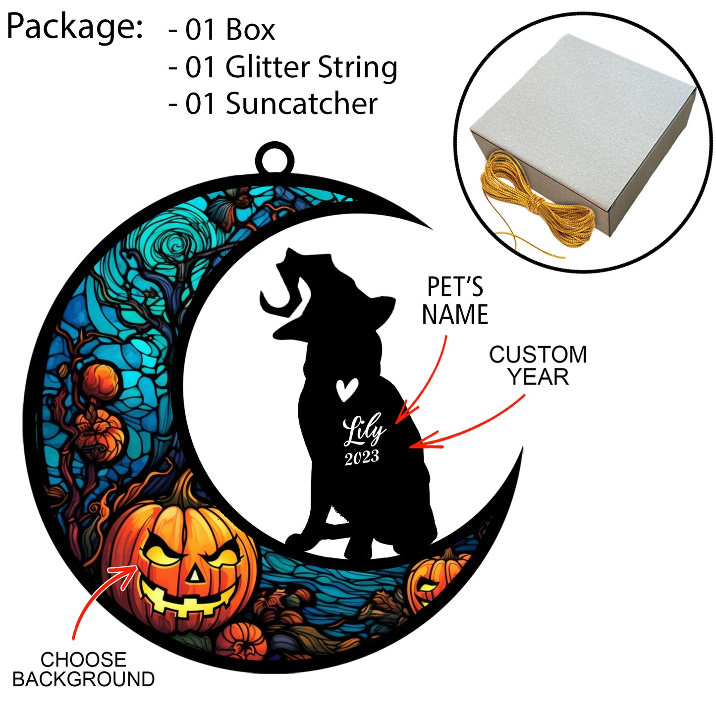 Netecom Personalized Halloween Russian Blue Cat Suncatcher - Custom Cat Ornament with Name, Russian Blue Cat with Witch Hat Halloween Decoration for Window or Garden