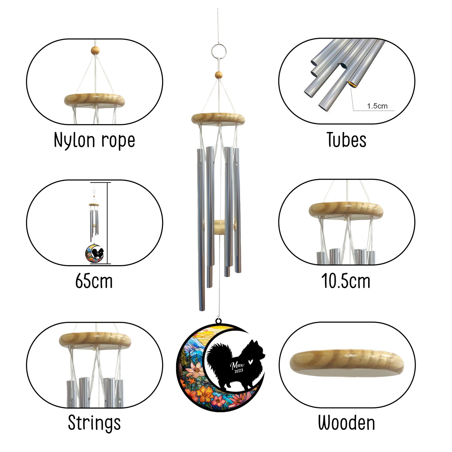 Netecom Pomeranian Dog Wind Chimes Memorial, Personalized Pet Memorial Windchime for Dogs Suncatcher, Dog Loss Memorial Ornament, Loss of Pet Remembrance Gift, Sympathy Pet Wind Chimes Outdoor Garden