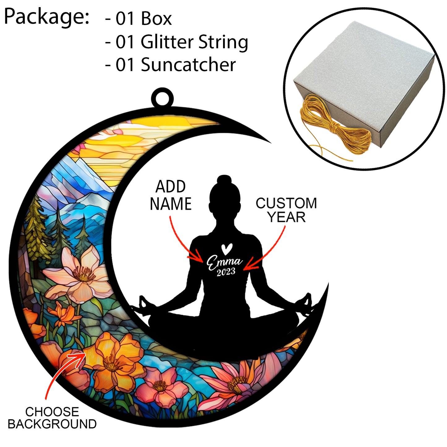 Netecom Personalized Yoga Suncatcher - Meditation & Namaste Christmas Tree Ornament - Custom Yoga Pendant for Car, Window & Home - Fitness Gift for Yoga Lovers