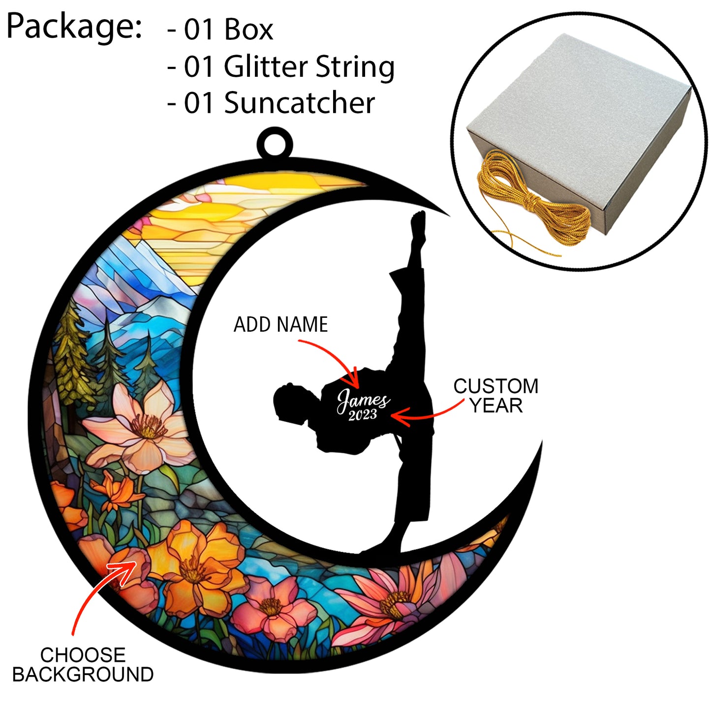 Netecom Personalized Taekwondo Suncatcher Keepsakes - Martial Arts Hanging Sun Catcher Ornament - Unique Taekwondo Christmas Pendant & Birthday Gifts for Boy, Girl, or Sports Players