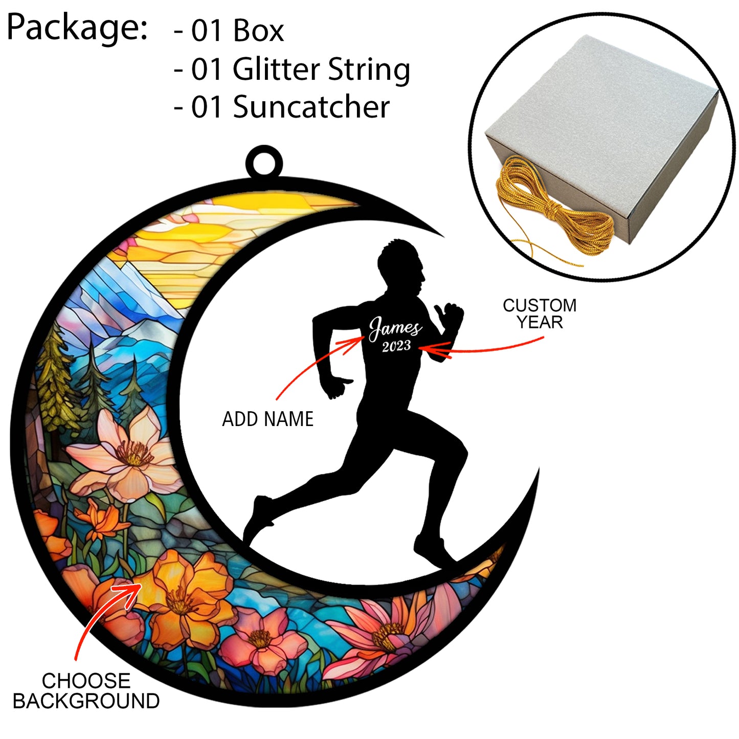 Netecom Personalized Running Suncatcher - Runner Ornament for Christmas Tree 2025 - Running Christmas Pendant & Hanging Decoration for Car, Window, Home & Party - Running Lover Gift