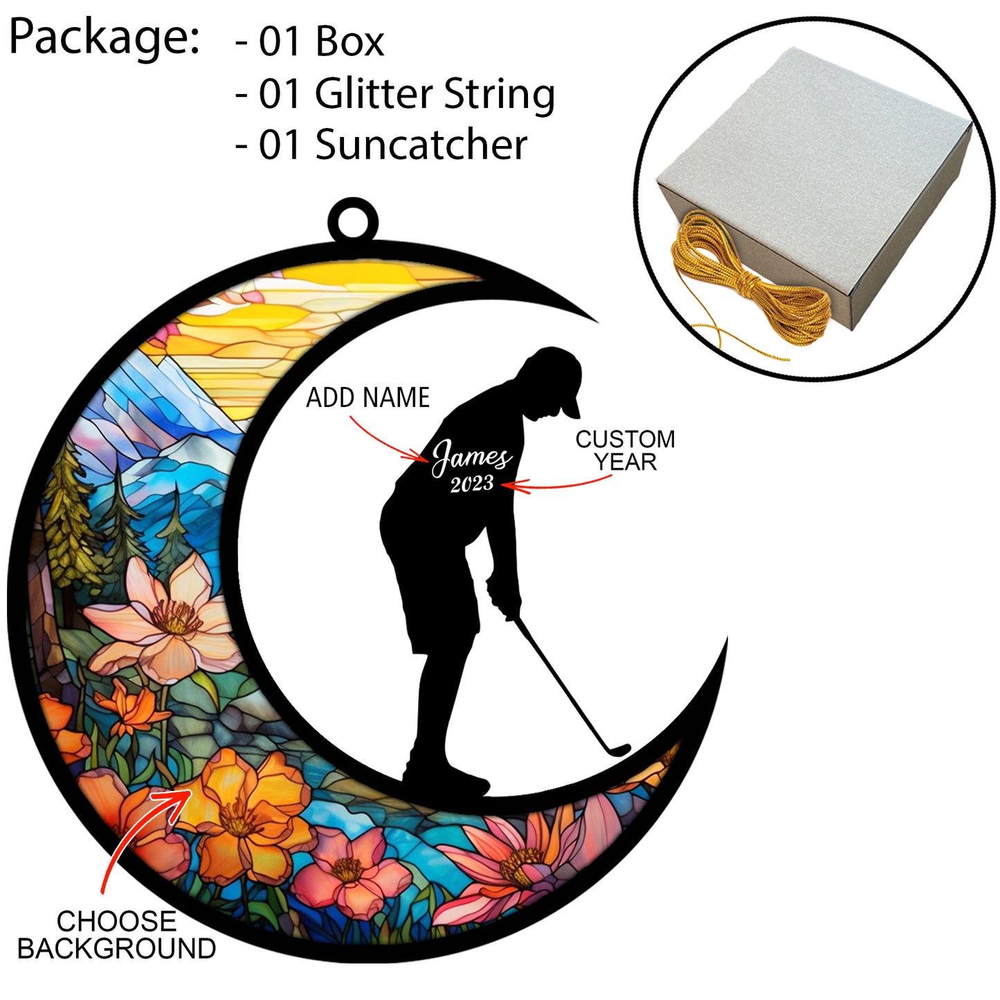Netecom Personalized Golf Suncatcher - Golf Ornament for Christmas Tree 2025 - Golf Christmas Pendant & Hanging Decoration for Car, Window, Home & Party - Golf Lover Gift
