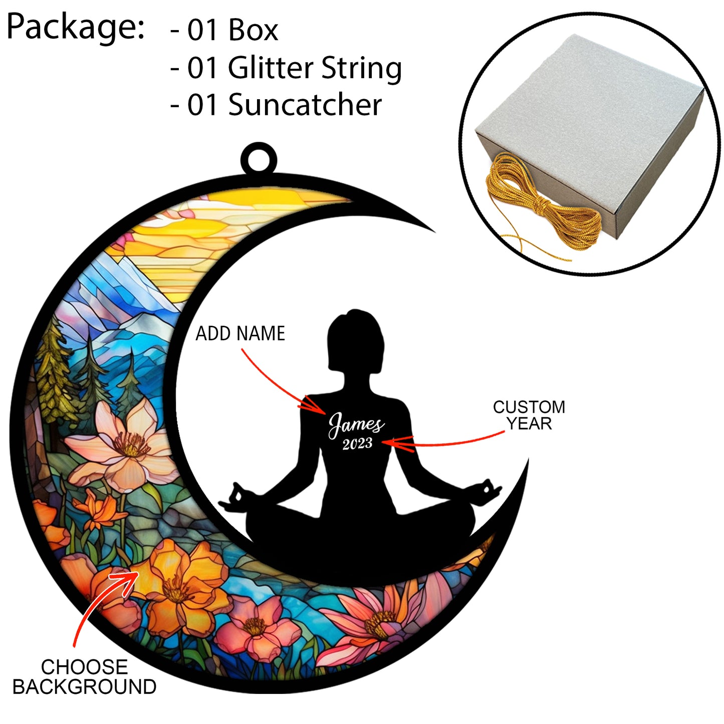 Netecom Personalized Yoga Suncatcher - Yoga Meditation Christmas Tree Ornament & Namaste Christmas Pendant - Hanging Ornaments for Car, Window - Custom Fitness Gift for Women