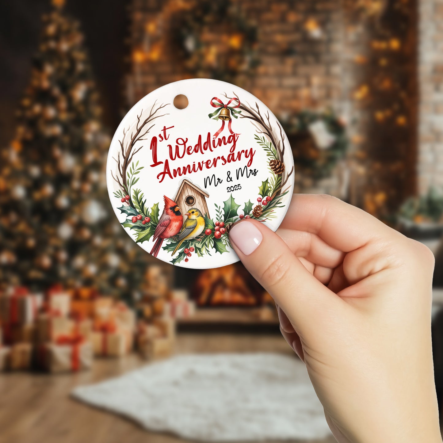 Netecom 1st Wedding Anniversary Christmas Ornament 2025, 1 Year as Mr & Mrs Red Cardinal Ceramic Ornament for Xmas Tree Hanging Decorations Gift, Gifts for Couple Husband Wife, Holiday Present