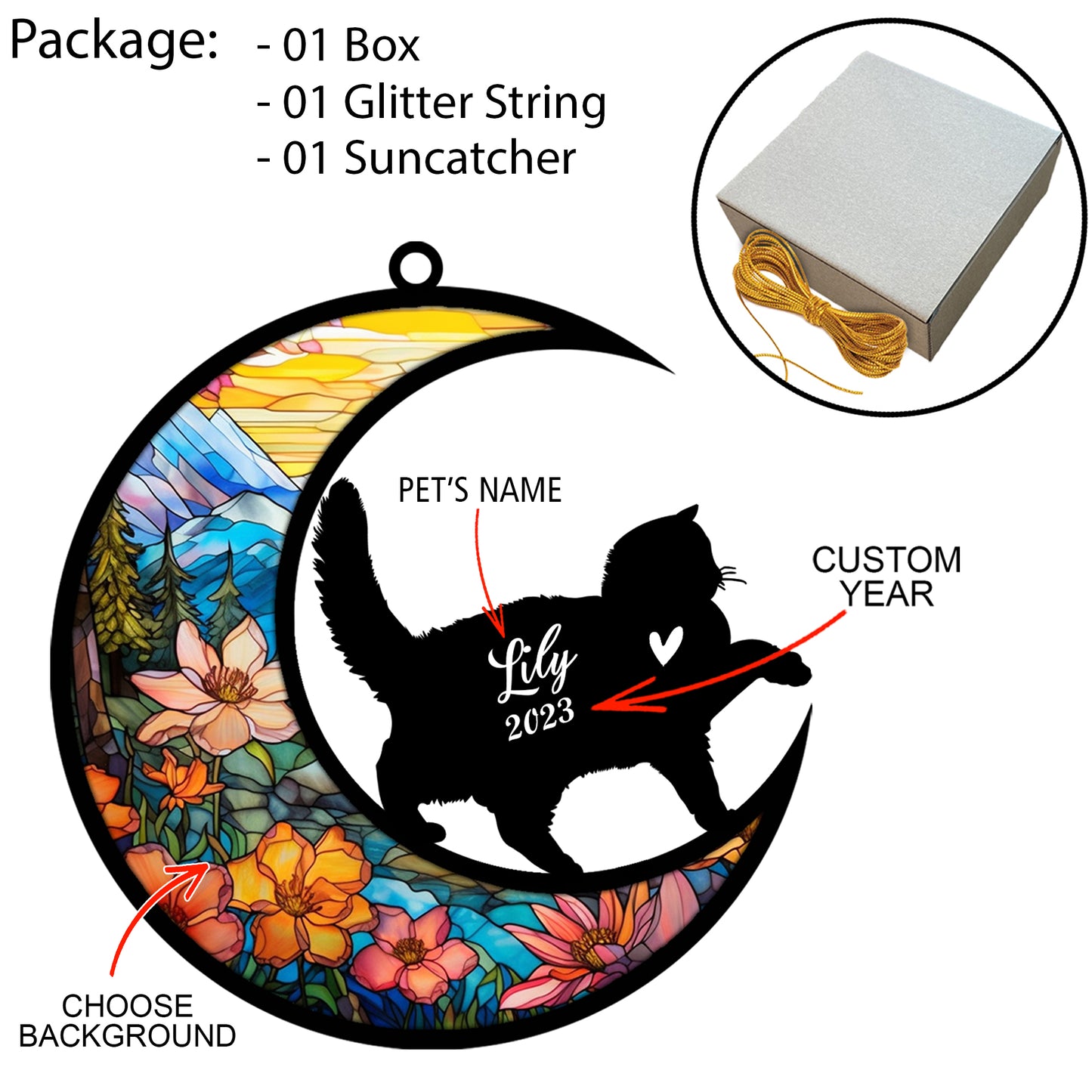 Netecom Personalized British Shorthair Cat On Moon Suncatcher - Custom with Name & Date - Pet Loss Light Catcher - Gifts for Cat Lovers - Christmas Cat Ornament for Car Hangings
