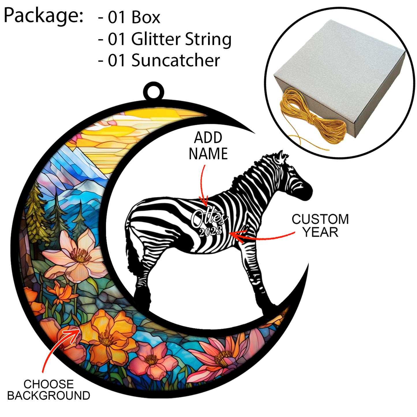 Netecom Personalized Zebra Memorial Suncatcher - Zebra Christmas Ornament with Name - Pet Loss Stained Glass Light Catcher - Bereavement & Sympathy Gift for Loss of Pet