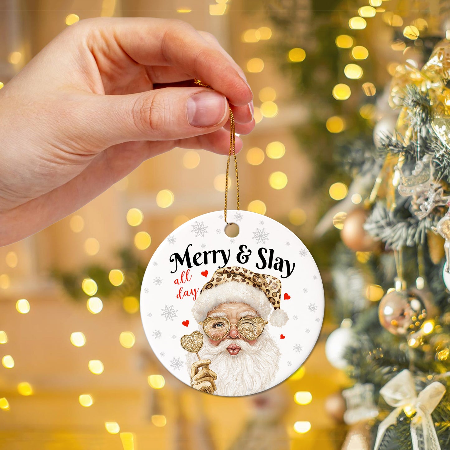 Netecom Merry & Slay All Day Ornament, Funny Leopard Print Santa Ceramic Ornament for Xmas Tree Hanging Decorations Gift, Funny Gag Gifts for Men Women, Home Decor, Holiday Party Present