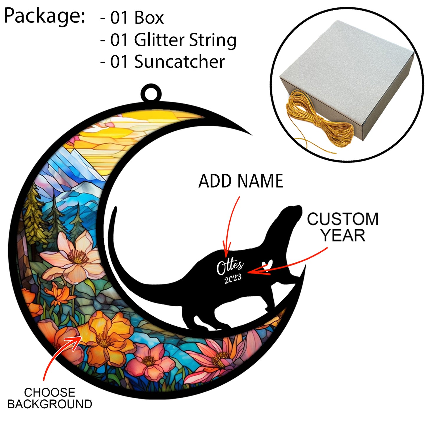 Netecom Personalized Otter Memorial Suncatcher, Pet Loss Suncatcher, Bereavement Otter Loss Gift, Custom Otter with Name Date, Gifts for Otter Lovers Hanging Ornaments for Xmas, Car, Window