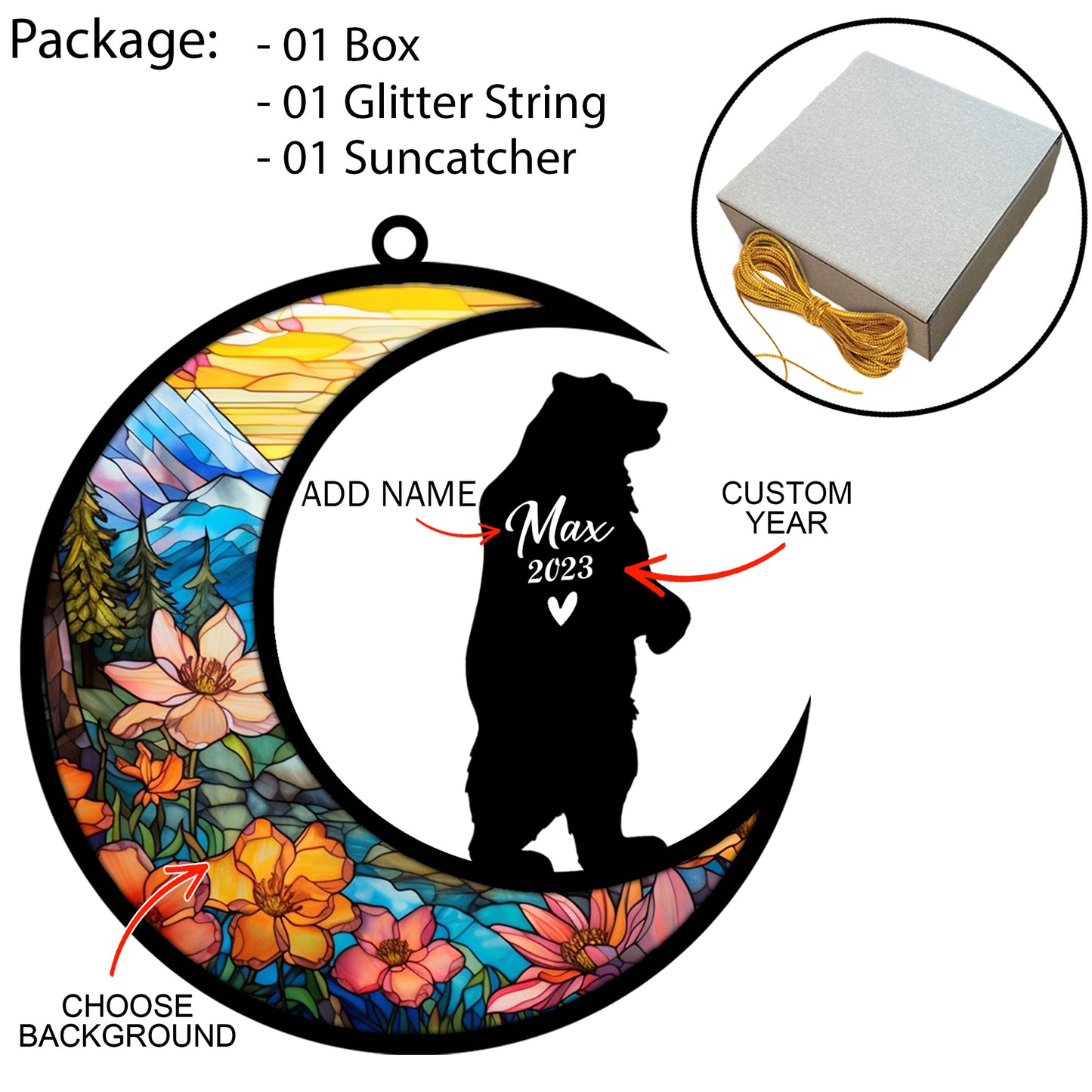 Netecom Personalized Bear Memorial Suncatcher, Bereavement Gift for Bear Christmas Ornament with Name, Pet Loss Gifts for Bear Hanging Decor, Bear Lover Gifts Loss of Bear Sympathy Gift