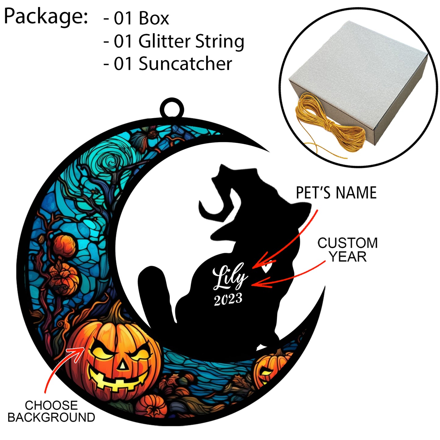 Netecom Personalized Halloween Exotic Shorthair Cat Suncatcher - Custom Cat Ornament with Name, Exotic Shorthair Cat with Witch Hat Halloween Decoration for Window or Garden