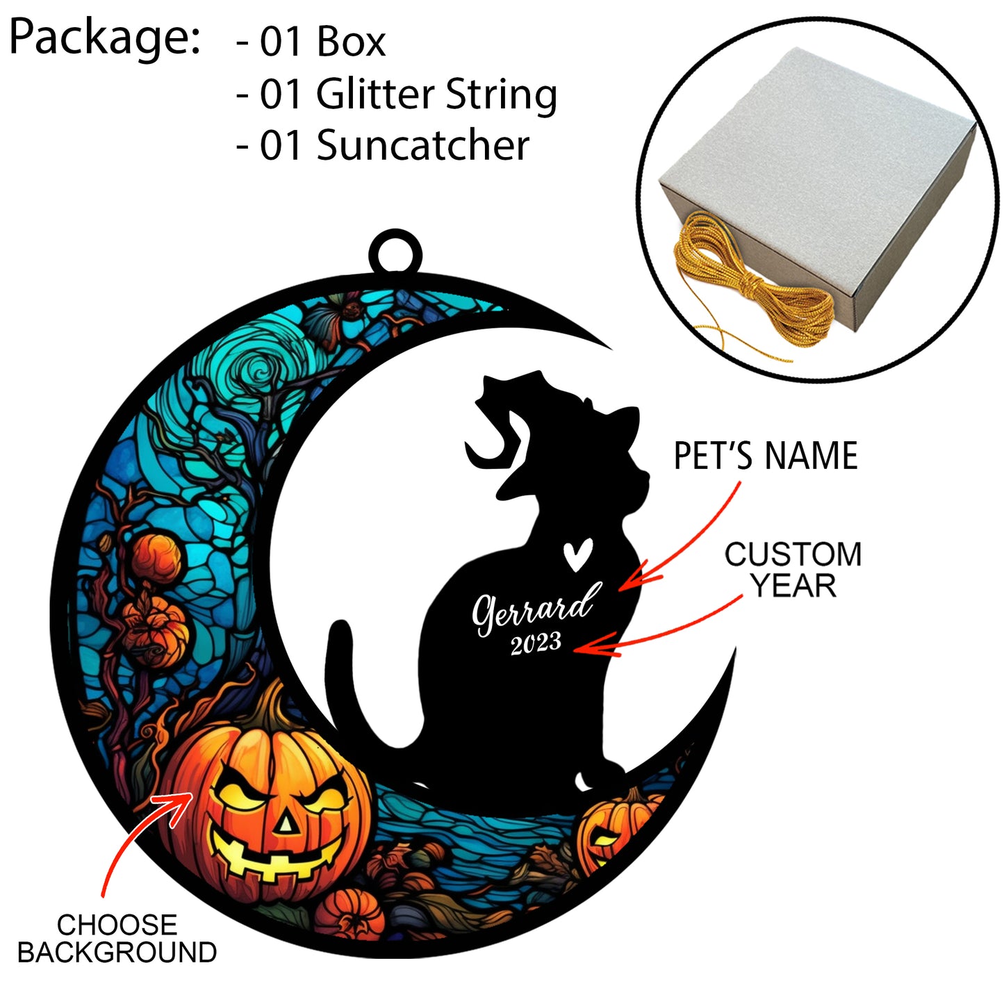 Netecom Personalized Halloween Domestic Shorthair Cat Suncatcher - Memorial Gift for Loss of Cat, Custom Shorthair Cat Lovers Ornament for Window or Wall Hanging, Spooky Sympathy Gift for Pet Loss