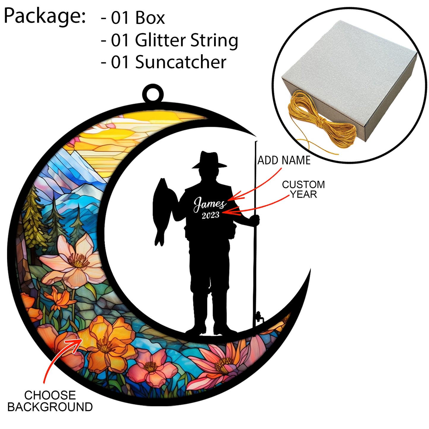 Netecom Personalized Fishing Suncatcher - Fishing Ornament for Car & Window - Fisherman Christmas Ornament for Tree Hanging Decorations - Gift for Fishing Lovers, Dad, Brother & Friends