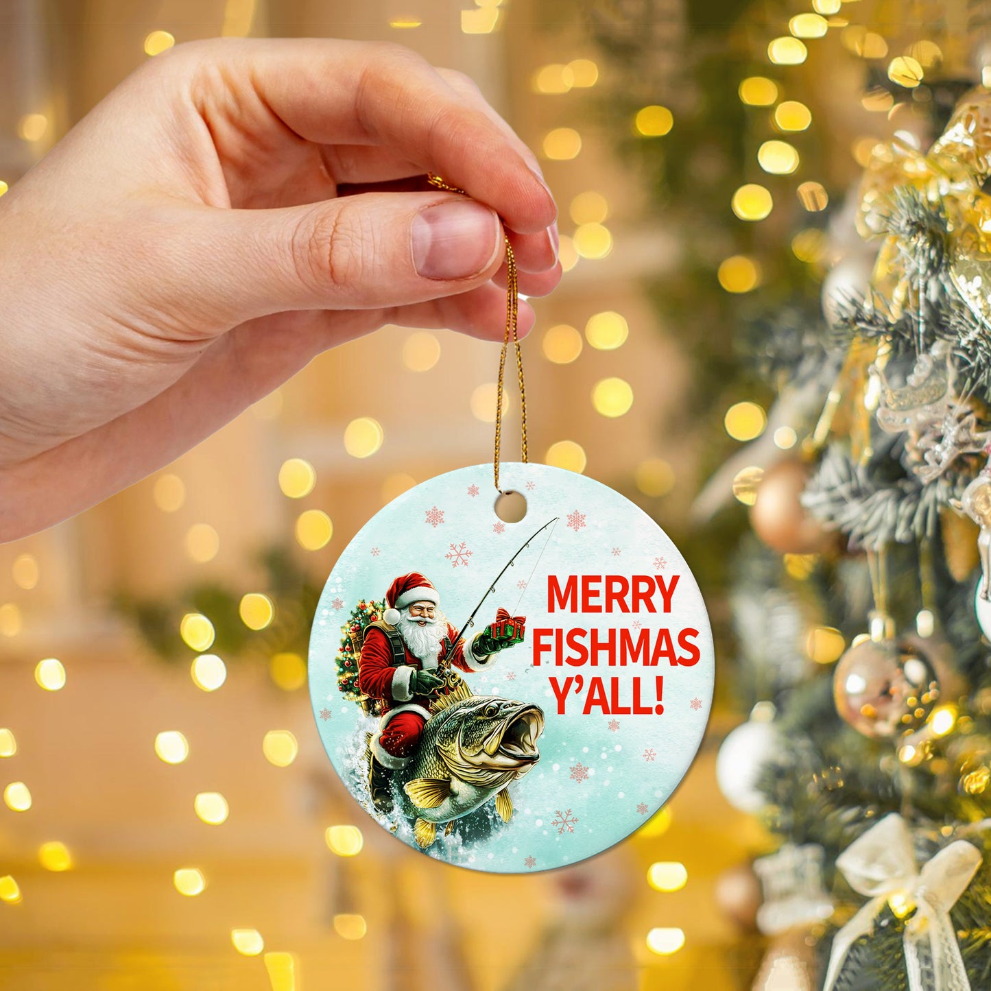 Netecom Funny Santa Fishing Christmas Ornament, Merry Fishmas Ceramic Ornament for Xmas Tree Hanging Decorations Gift, Fishing Lovers Gifts for Fisherman, Home Decor, Holiday Party Present