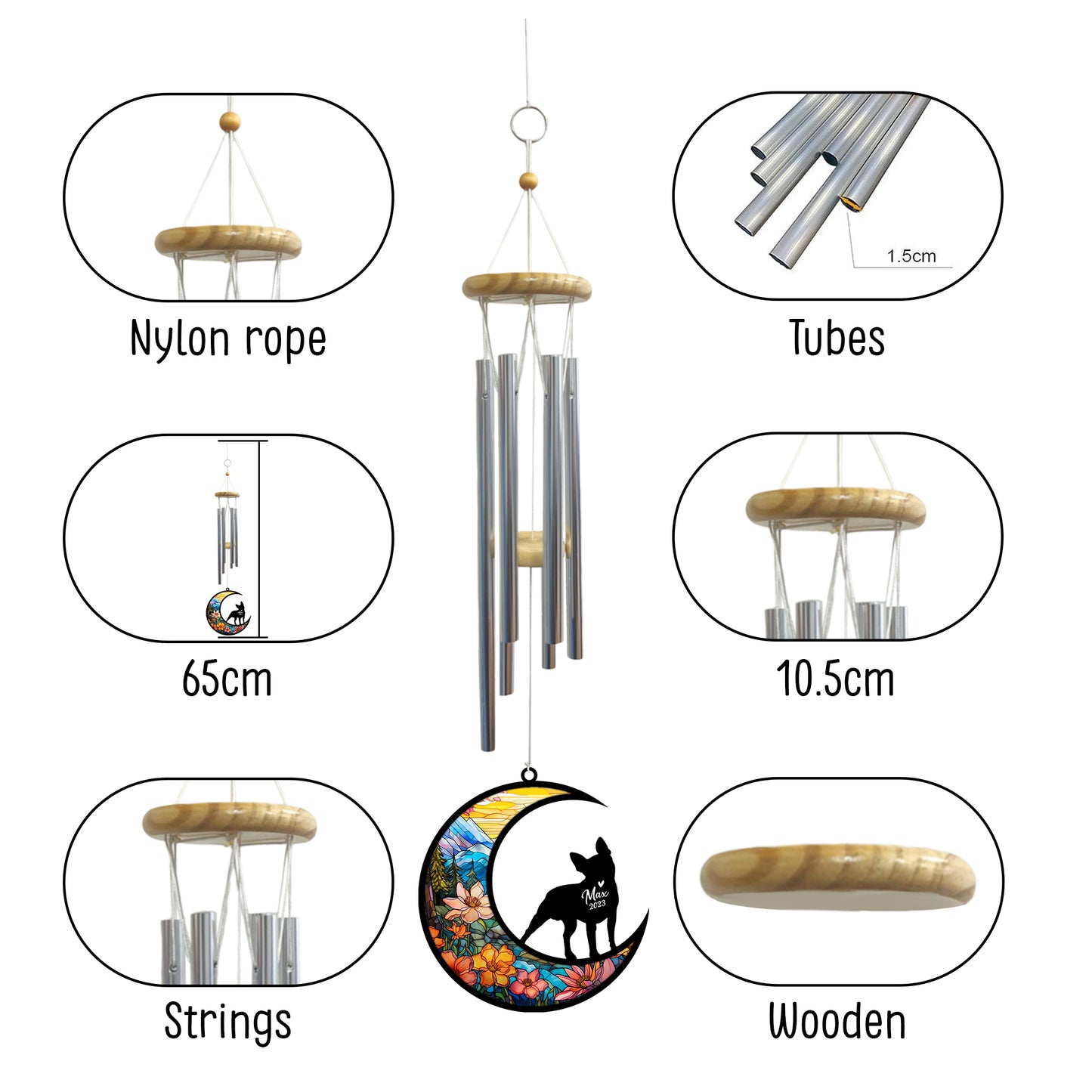 Netecom Bulldog Wind Chimes Memorial, Personalized Pet Memorial Windchime for Dogs Suncatcher, Dog Loss Memorial Ornament, Loss of Pet Remembrance Gift, Sympathy Pet Wind Chimes Outdoor Garden