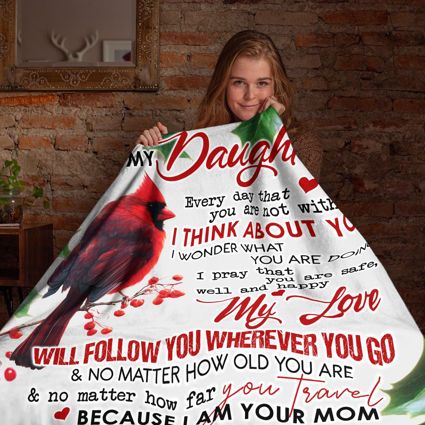 Netecom Personalized Love Letter To My Daughter Blanket from Mom, Red Cardinal Holiday Throw Blanket for Couch, Bed or Sofa, Ultra Soft Warm Gift for Daughter’s Birthday, Thanksgiving and Christmas