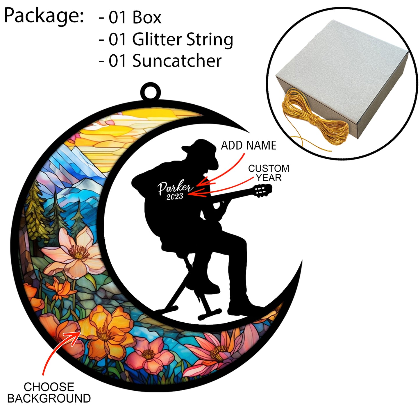 Netecom Personalized Guitar Player Suncatcher - Guitarist Ornament for Christmas Tree, Car & Window - Guitar Gifts for Guitar Lovers & Players - Music Instrument Ornament