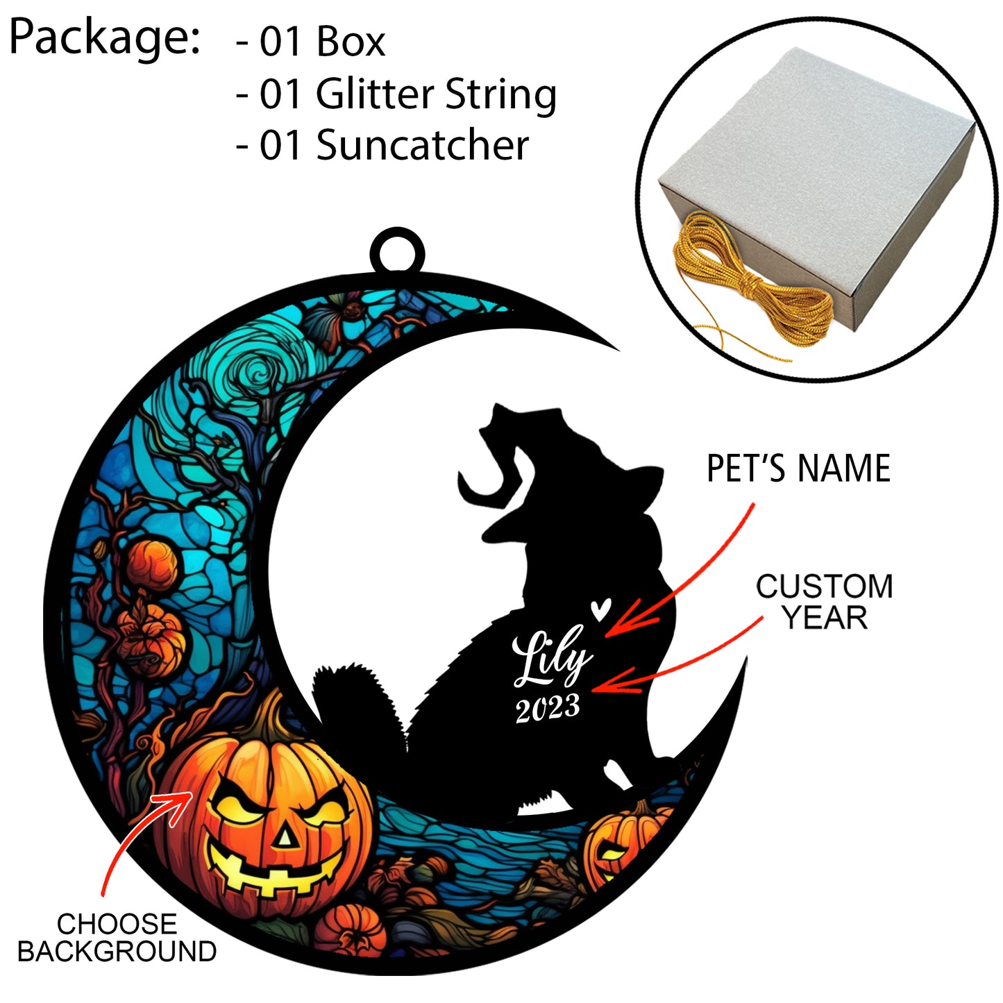 Netecom Personalized Halloween Siberian Cat Suncatcher - Custom Cat Ornament with Name, Siberian Cat with Witch Hat Halloween Decoration for Window, Garden, or Car