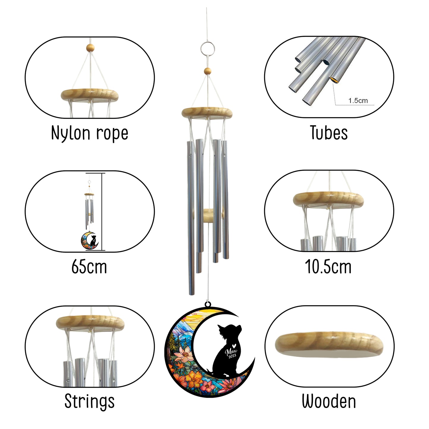 Netecom Chihuahua Dog Wind Chimes Memorial, Personalized Pet Memorial Windchime for Dogs Suncatcher, Dog Loss Memorial Ornament, Loss of Pet Remembrance Gift, Sympathy Pet Wind Chimes Outdoor Garden