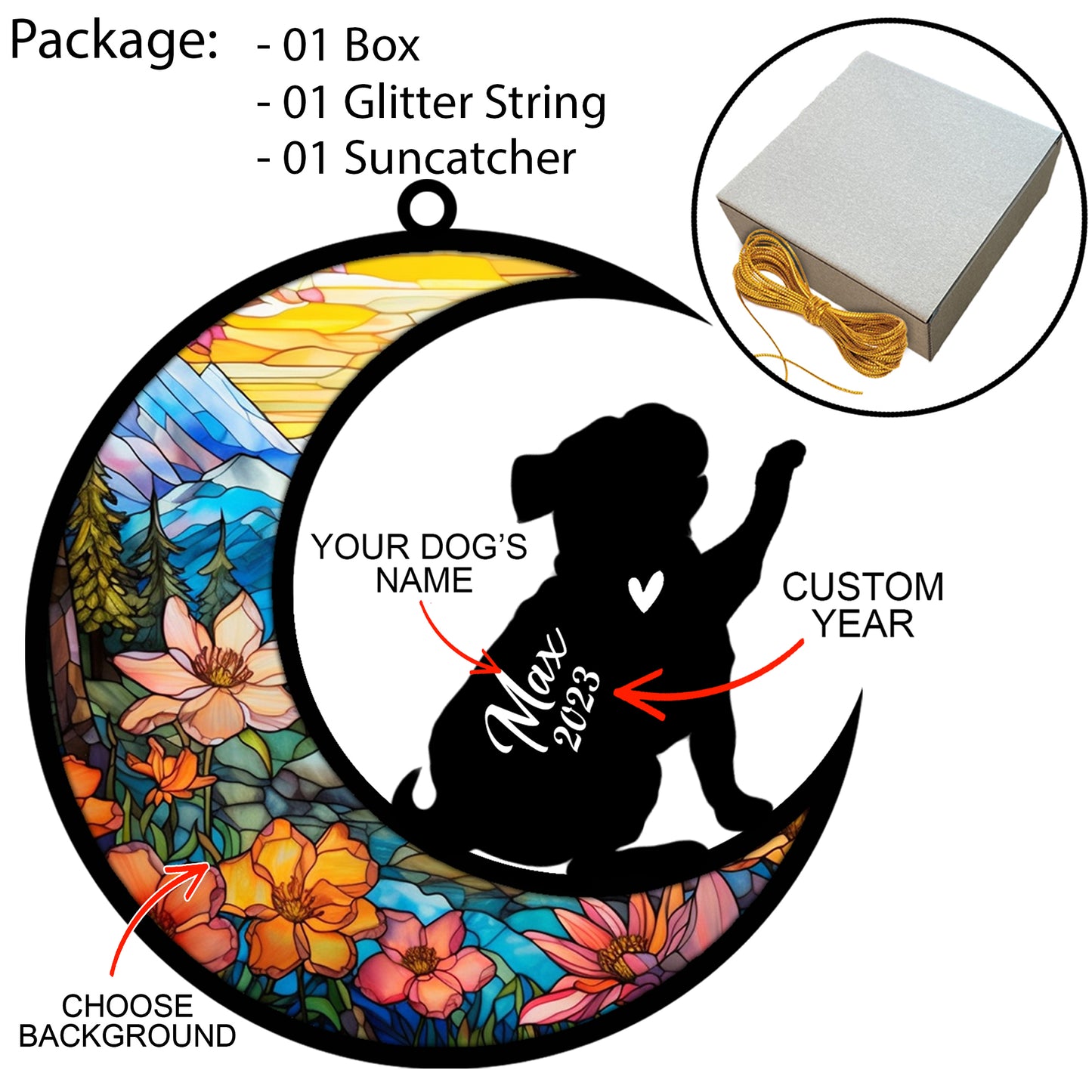 Netecom Personalized Pug Memorial Suncatcher, Beagle Christmas Ornament with Name Date, Dog Memorial Ornament Loss of Pet Sympathy Gift, Pet Loss Stained Glass