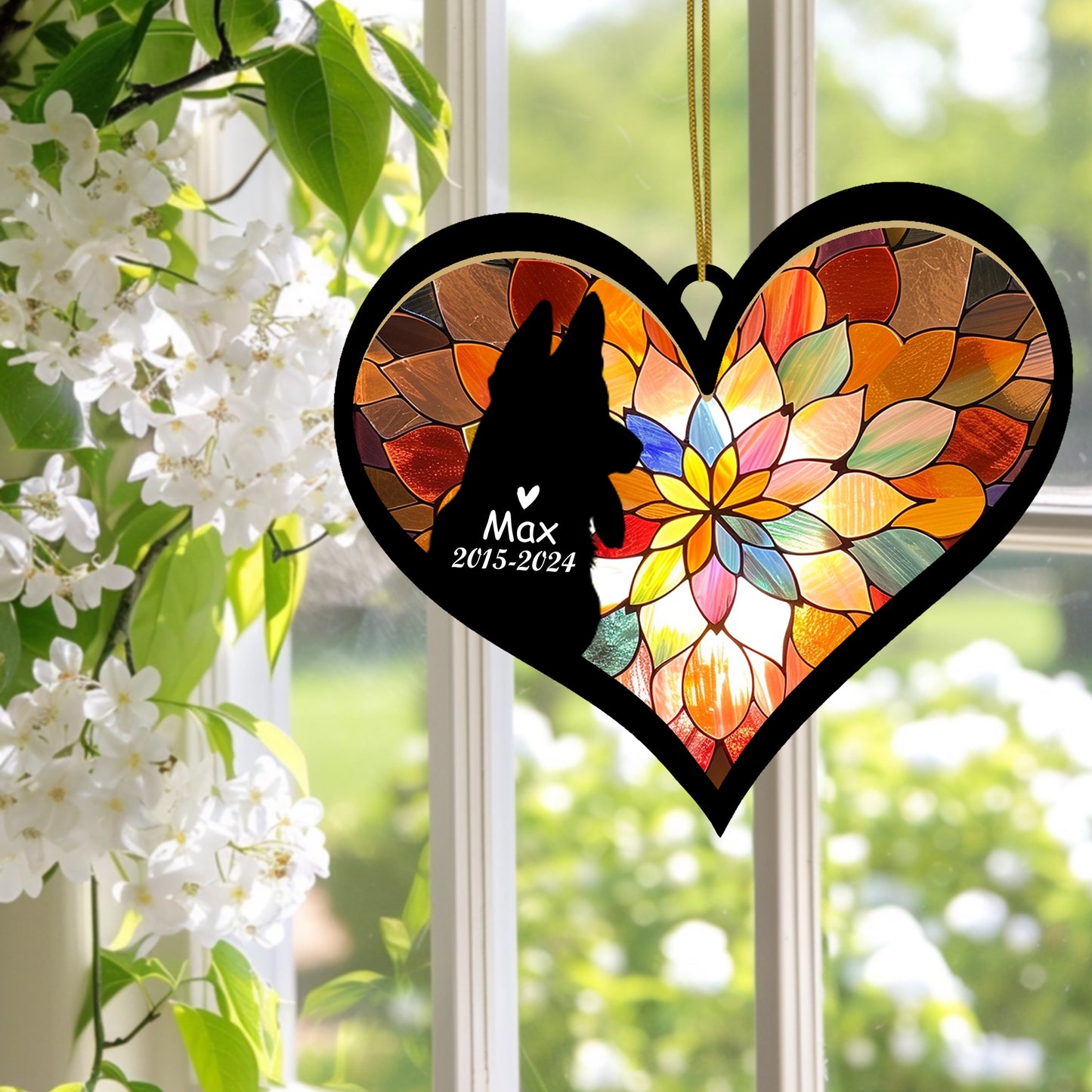 Netecom Personalized German Shepherd Memorial Suncatcher, Dog Ornament with Name Date, Pet Loss Sympathy Gift, Remembrance Keepsake, Bereavement Gift for Dog Lovers, Heart Suncatcher