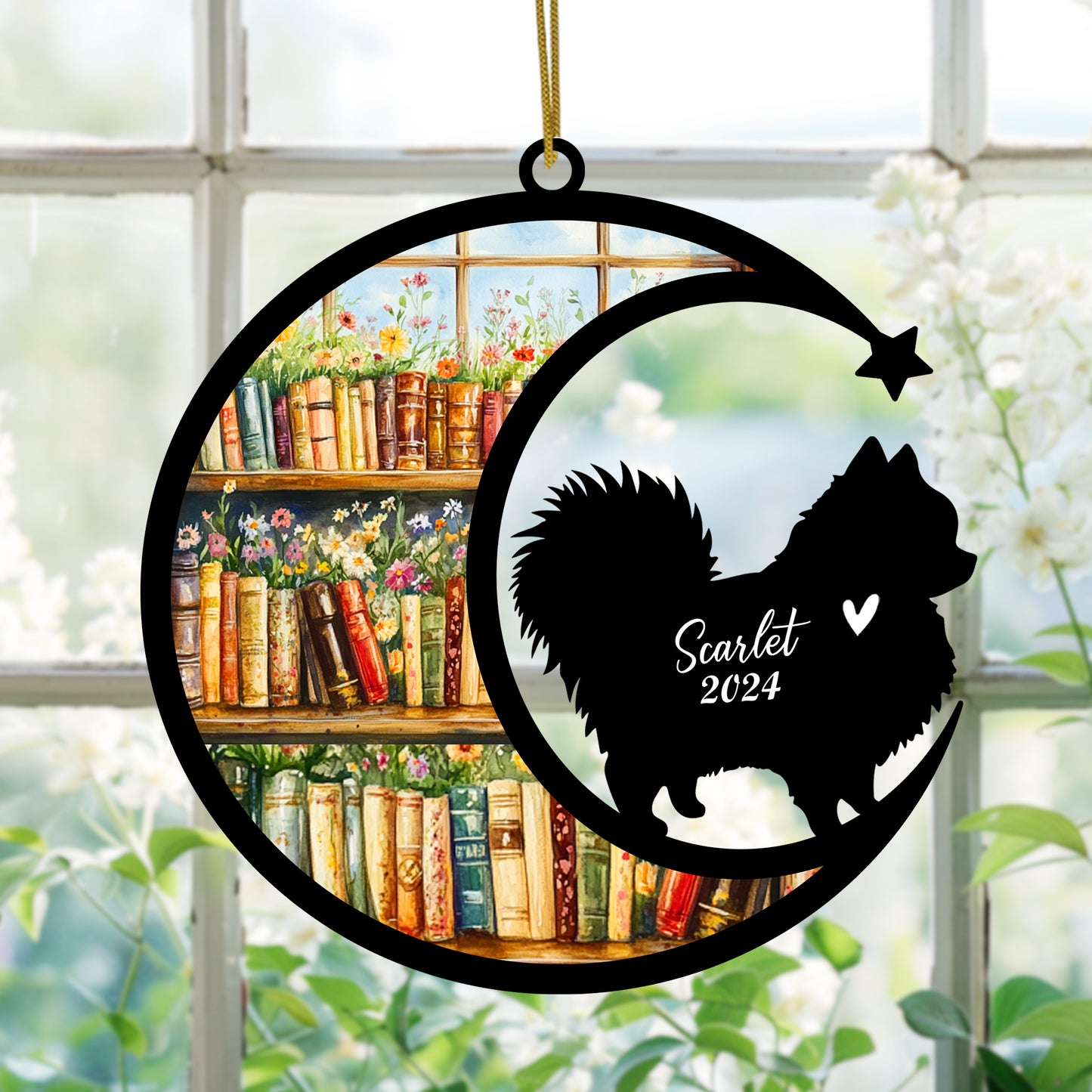 Netecom Personalized Pomeranian Suncatcher for Windows Hanging, Custom Pom Dog Sun Catcher Ornament with Name Date, Unique Gifts for Book Lovers, Reader Teacher Librarian Bookworm