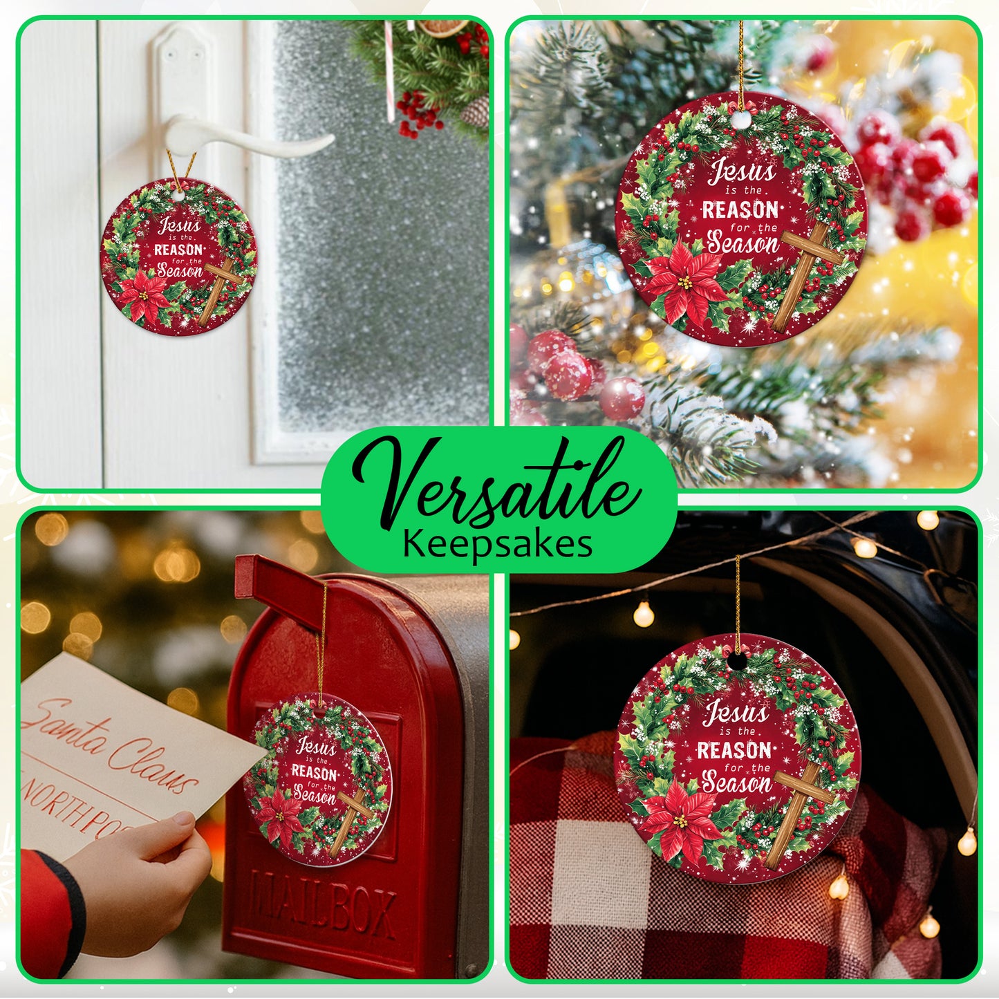 Netecom Religious Christmas Ornament, Jesus is the Reason for the Season Ceramic Ornament for Xmas Tree Hanging Decorations Gift, Inspirational Gifts for Christian, Holiday Party Present