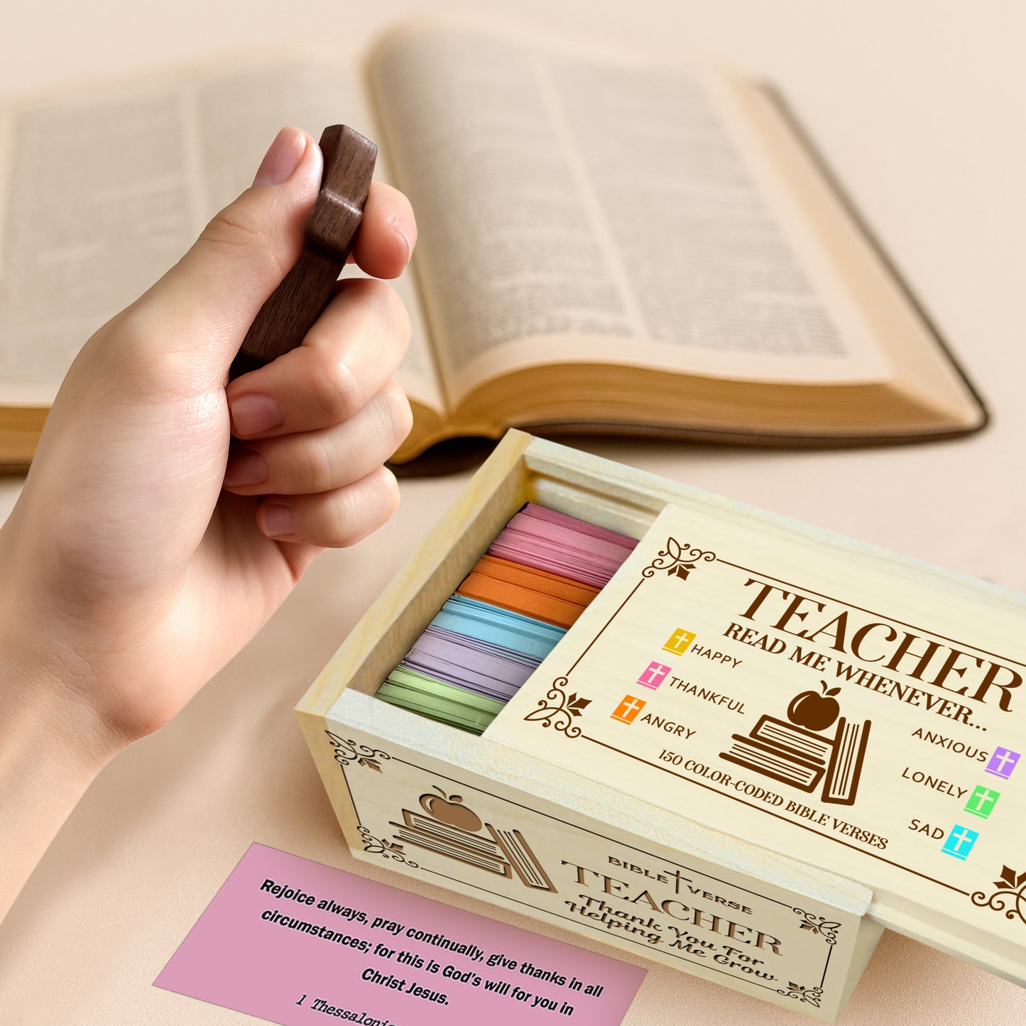 Netecom Bible Verse Box for Teacher with Prayer Cross, 150 Upgrade Bible Verse Cards Box Set for Emotions and Feelings, Christian Teacher Appreciation Gifts, Thank You Teachers Gift