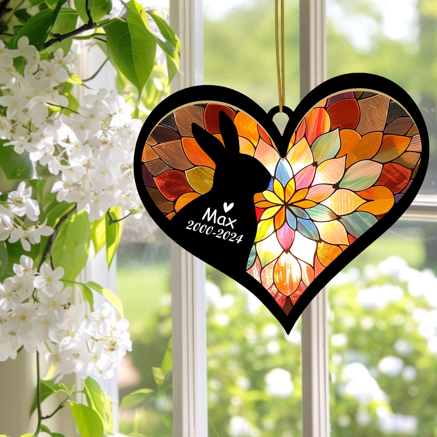 Netecom Personalized Rabbit Memorial Suncatcher, Bunny Ornament with Name Date, Pet Loss Sympathy Gift, Remembrance Keepsake, Bereavement Gift for Rabbit Lovers, Heart Suncatcher