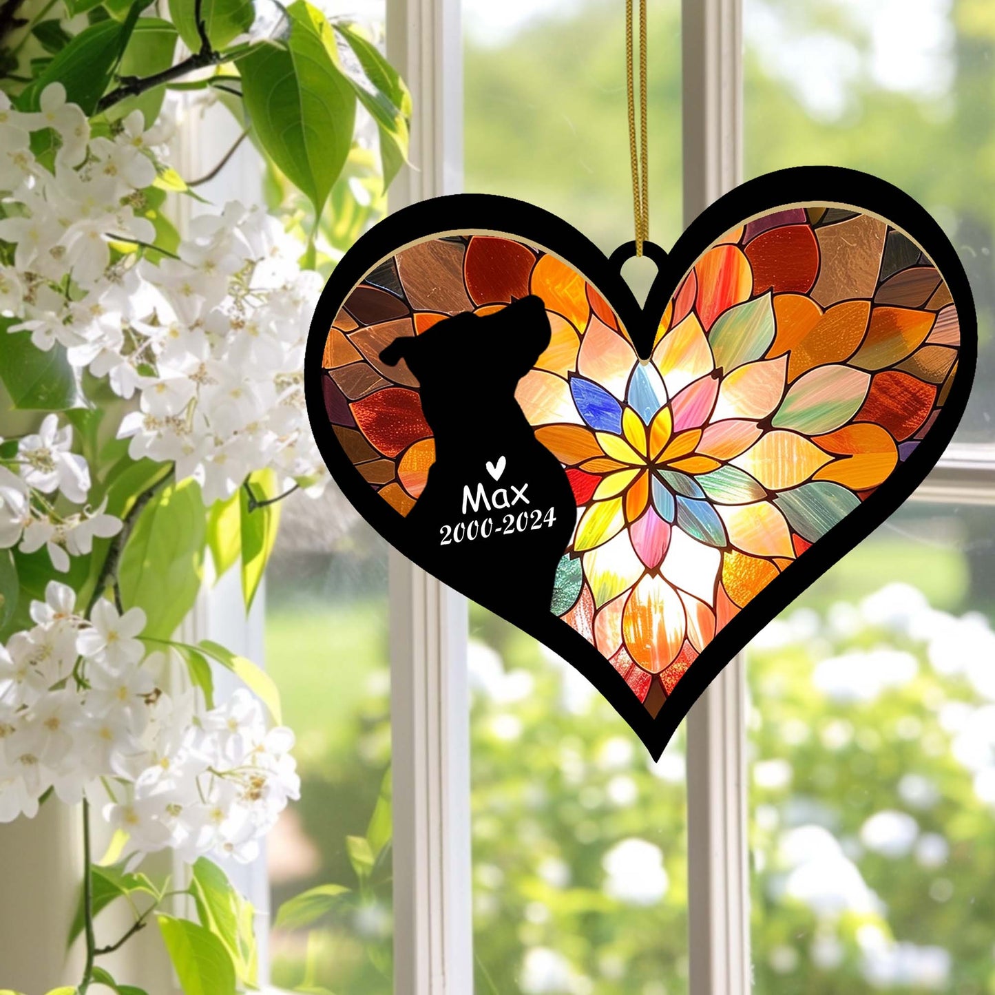 Netecom Personalized Pitbull Memorial Suncatcher, Dog Ornament with Name Date, Pet Loss Sympathy Gift, Remembrance Keepsake, Bereavement Gift for Dog Lovers, Heart Suncatcher