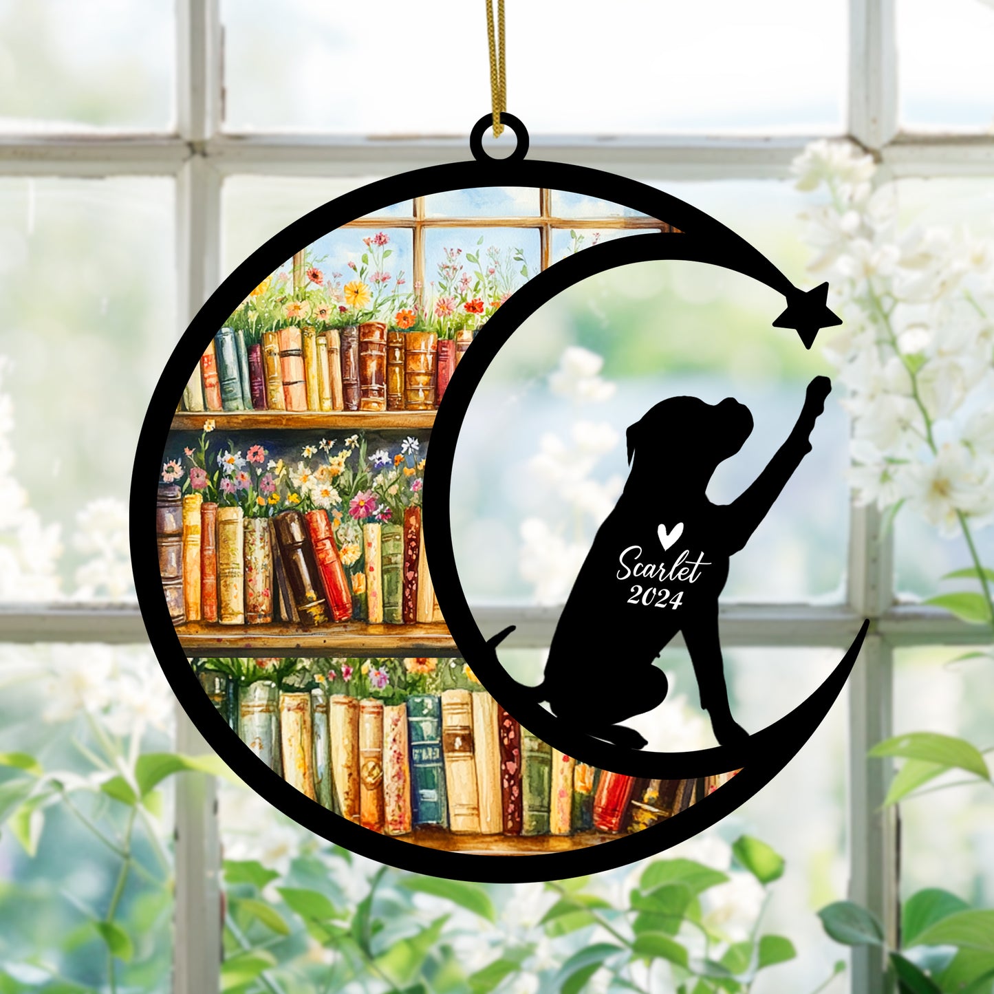 Netecom Personalized Boxer Suncatcher for Windows Hanging, Custom Dog Sun Catcher Ornament with Name Date, Unique Gifts for Book Lovers, Reader Teacher Librarian Bookworm