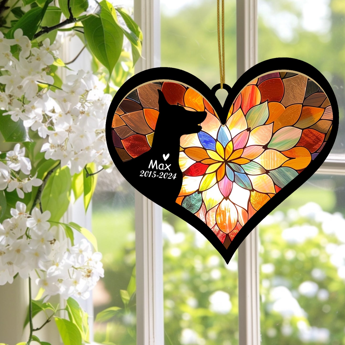 Netecom Personalized Doberman Memorial Suncatcher, Dog Ornament with Name Date, Pet Loss Sympathy Gift, Remembrance Keepsake, Bereavement Gift for Dog Lovers, Heart Suncatcher