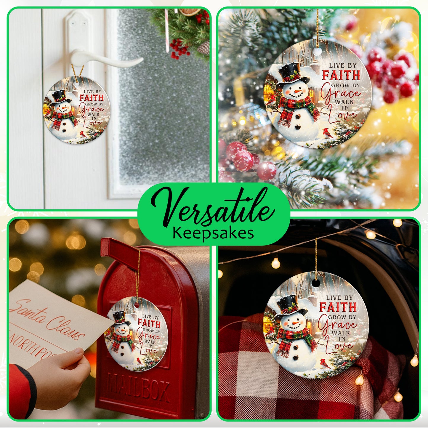 Netecom Cozy Snowman Christmas Ornament, Live by Faith Grow by Grace Walk in Love Ceramic Ornament for Xmas Tree Hanging Decorations Gift, Religious Gifts for Christian, Holiday Party Present