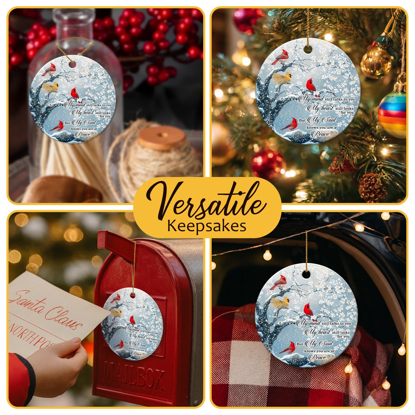 Netecom Memorial Christmas Ornament, My Mind Still Talks To You Cardinals Ceramic Ornaments for Xmas Tree Hanging Decorations Gift, Sympathy Gifts for Loss of Wife Girlfriend, Holiday Present