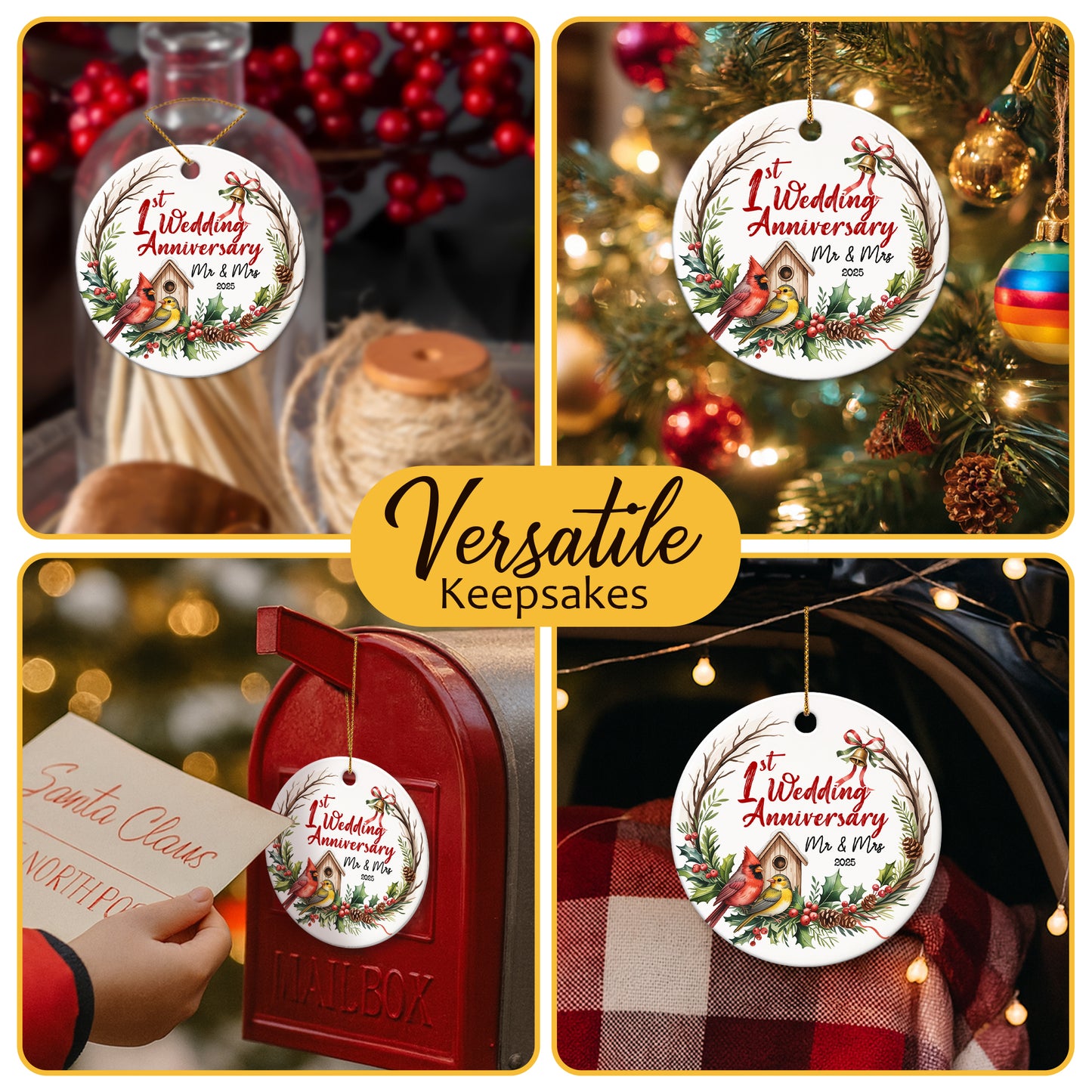 Netecom 1st Wedding Anniversary Christmas Ornament 2025, 1 Year as Mr & Mrs Red Cardinal Ceramic Ornament for Xmas Tree Hanging Decorations Gift, Gifts for Couple Husband Wife, Holiday Present