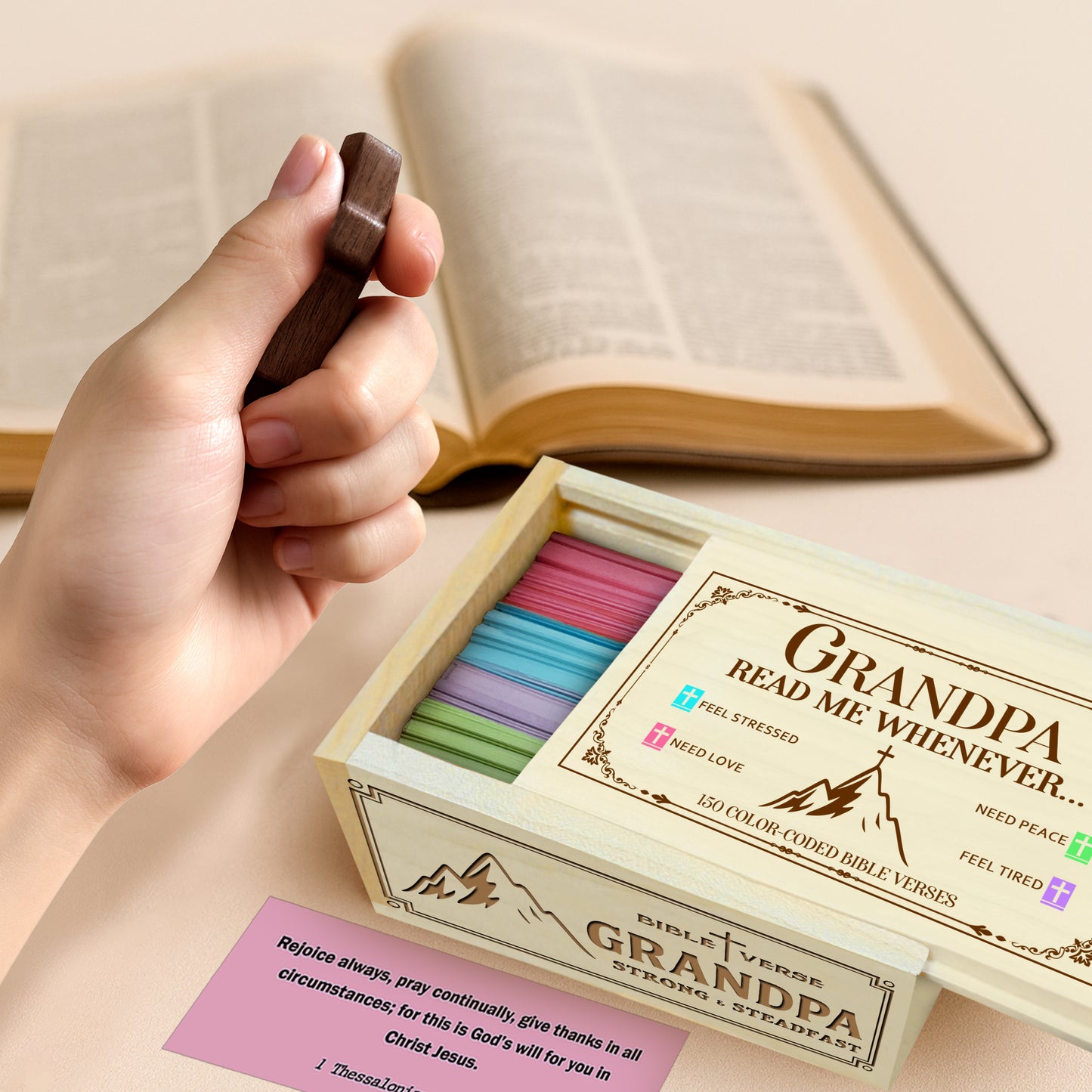 Netecom Bible Verses Box for Grandpa with Prayer Cross, 150 Upgrade Bible Verse Cards Box Set for Emotions and Feelings, 4 Emotional Themes, Religious Gift for Grandfather, Encouragement & Love