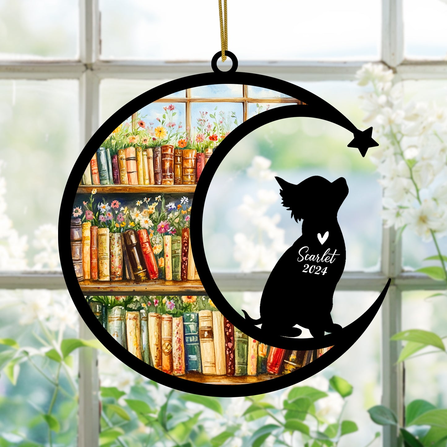 Netecom Personalized Chihuahua Suncatcher for Windows Hanging, Custom Dog Sun Catcher Ornament with Name Date, Unique Gifts for Book Lovers, Reader Teacher Librarian Bookworm
