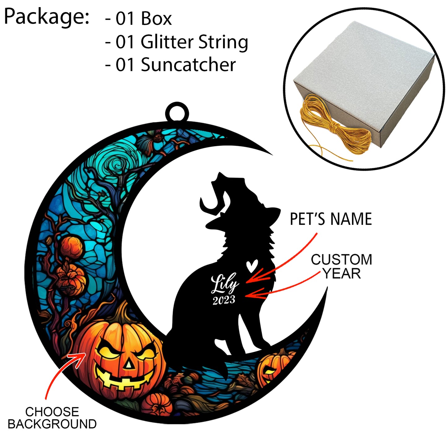 Netecom Personalized Halloween Maine Coon Cat Suncatcher - Custom Cat Ornament with Name, Maine Coon Cat with Witch Hat Halloween Decoration for Window or Garden, Spooky Acrylic Pendant Decor