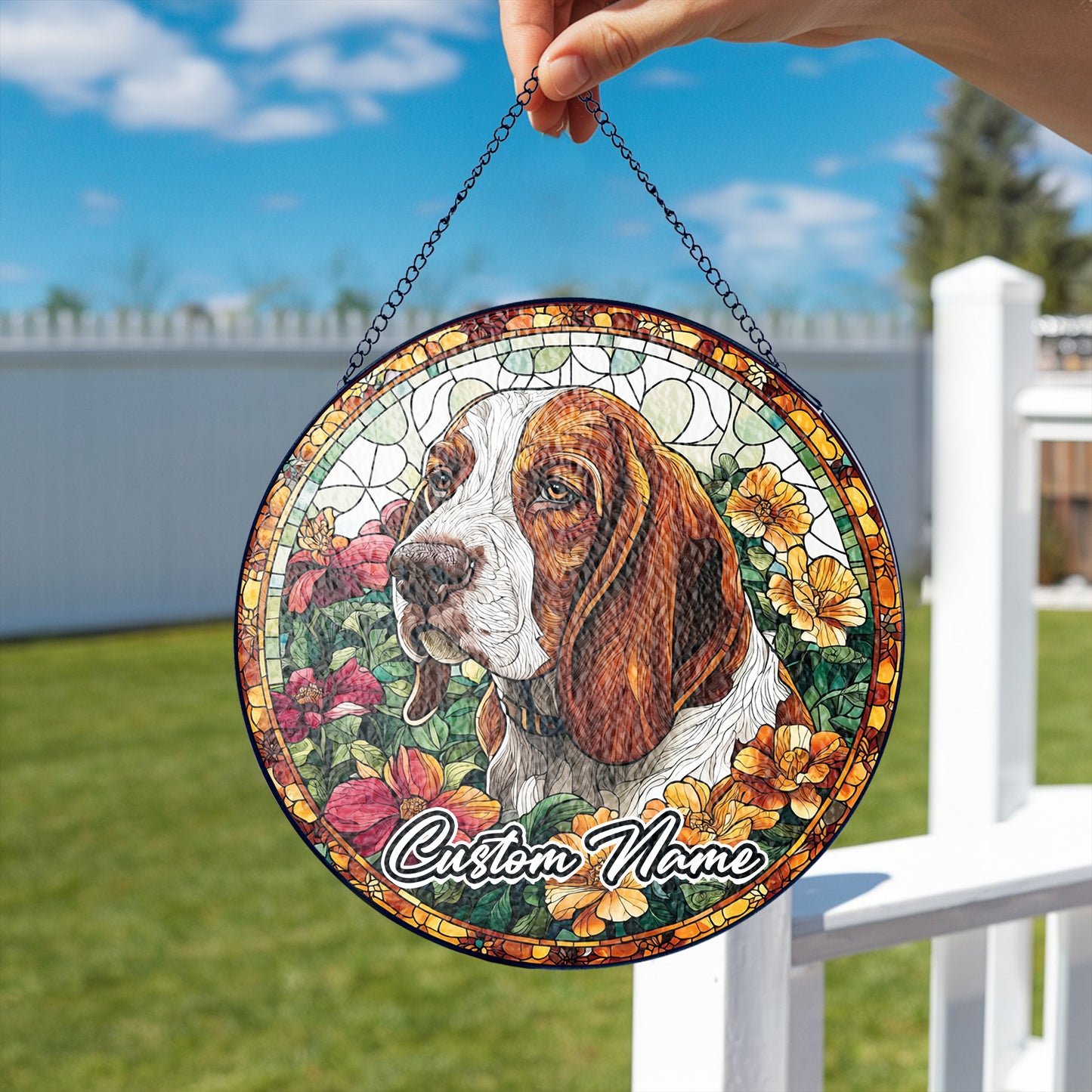 Netecom Custom Basset Hound Dog Stained Glass Ornament, Personalized Memorial Suncatcher, Pet Loss Sympathy Gift, Christmas Decoration