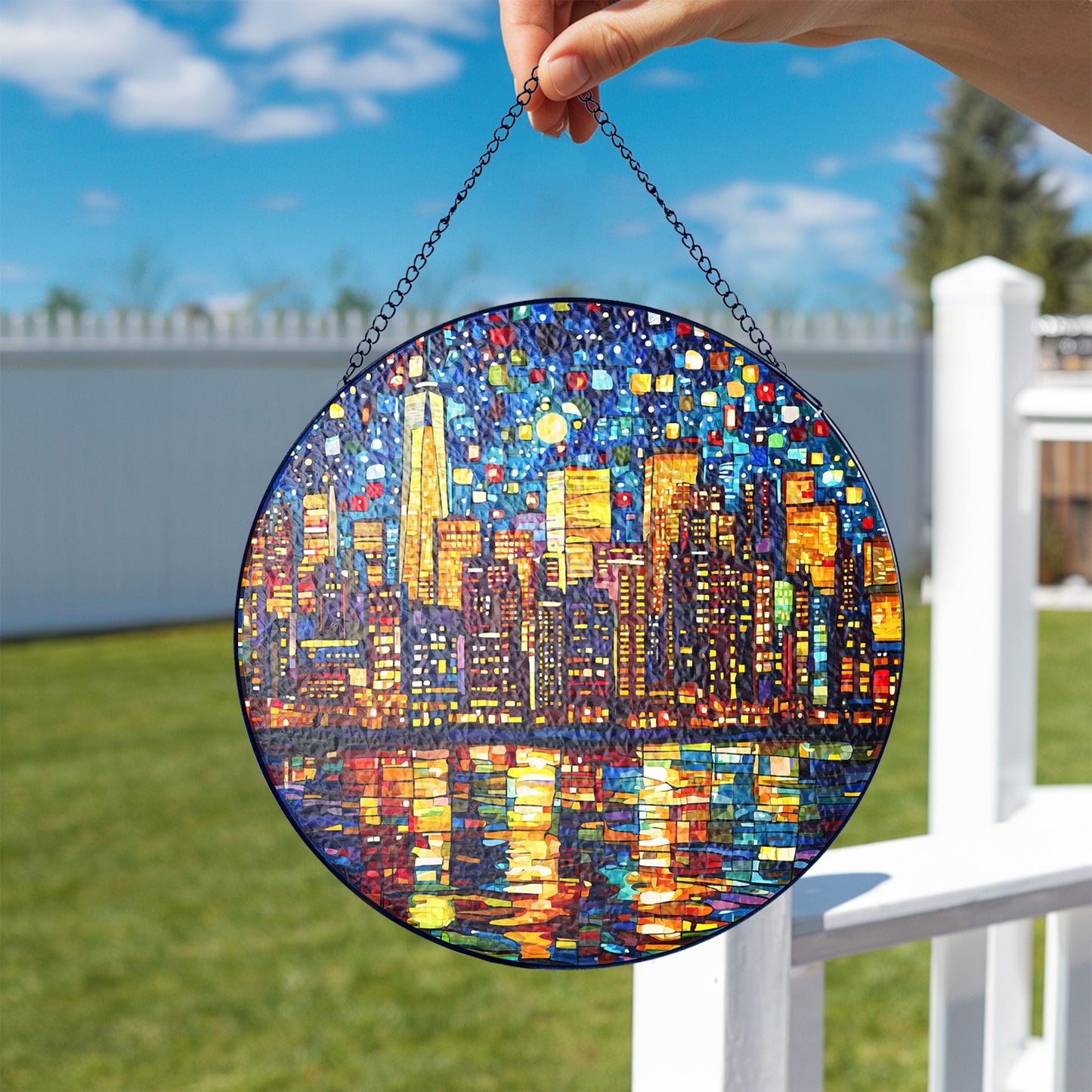 Netecom City Nightscape Stained Glass Ornament – Custom Urban Sun Catcher, Night City Lights Home Decor