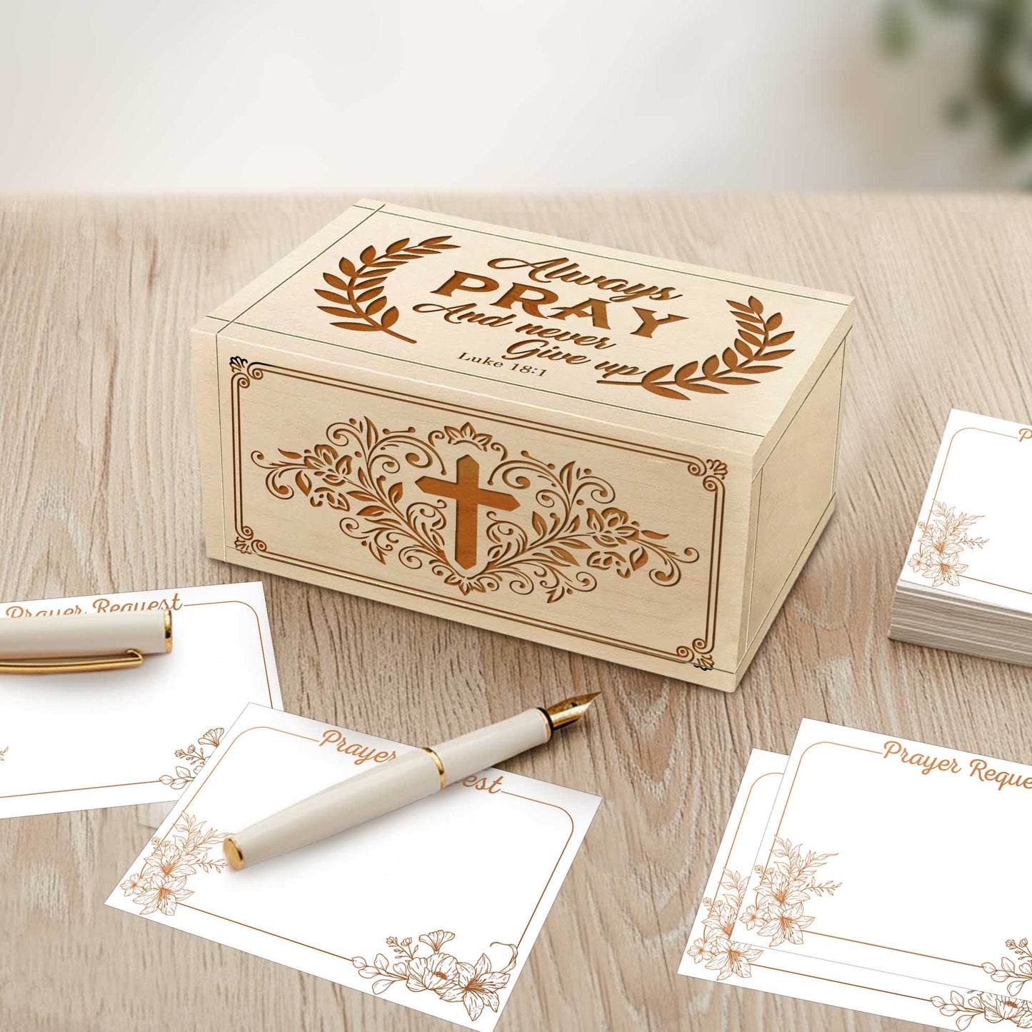 Netecom Personalized Wooden Prayer Box with Scripture Design, Maple Wood Faith Keepsake with 100 Prayer Request Cards & Handheld Cross, Christian Gift for Daily Prayer