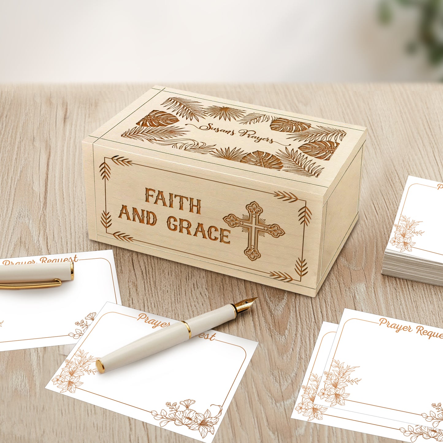 Netecom Personalized Wooden Prayer Box with Faith and Grace Design, 100 Prayer Request Cards & Handheld Cross – Christian Keepsake for Daily Prayer