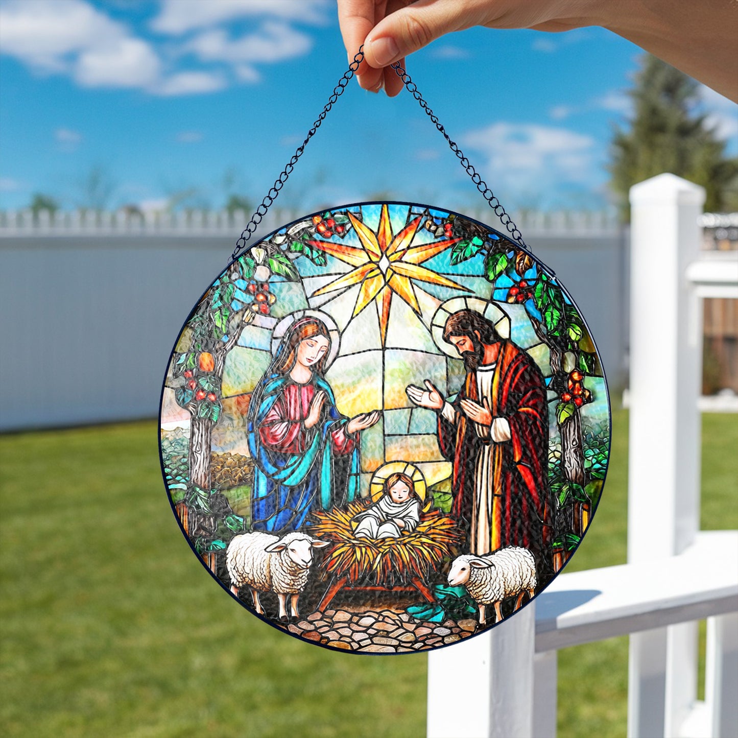 Netecom The Holy Family Stained Glass Suncatcher, Nativity Scene Christmas Window Hanging, Religious Home Decor, Spiritual Gift for Faith and Celebration
